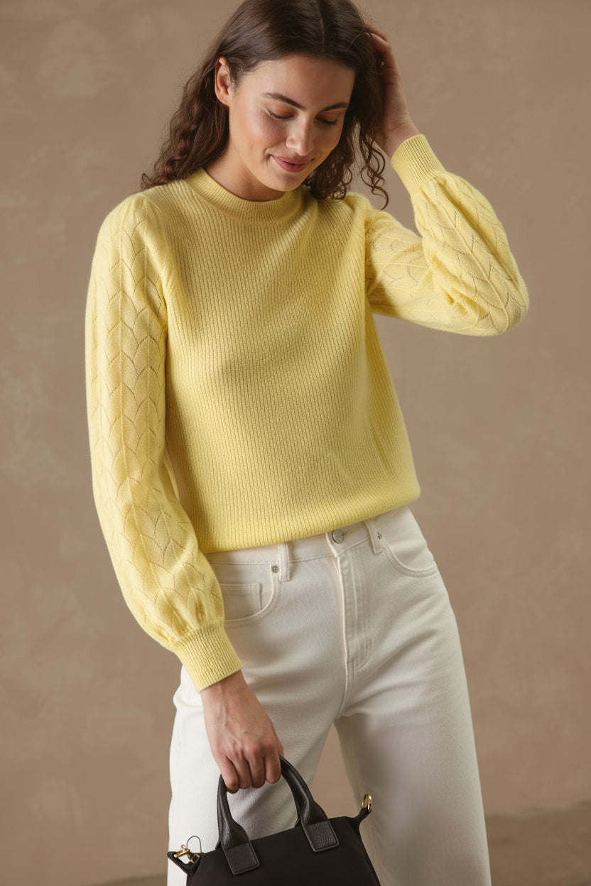 Hinnen Cashmere Crewneck with Pointelle on Sleeves