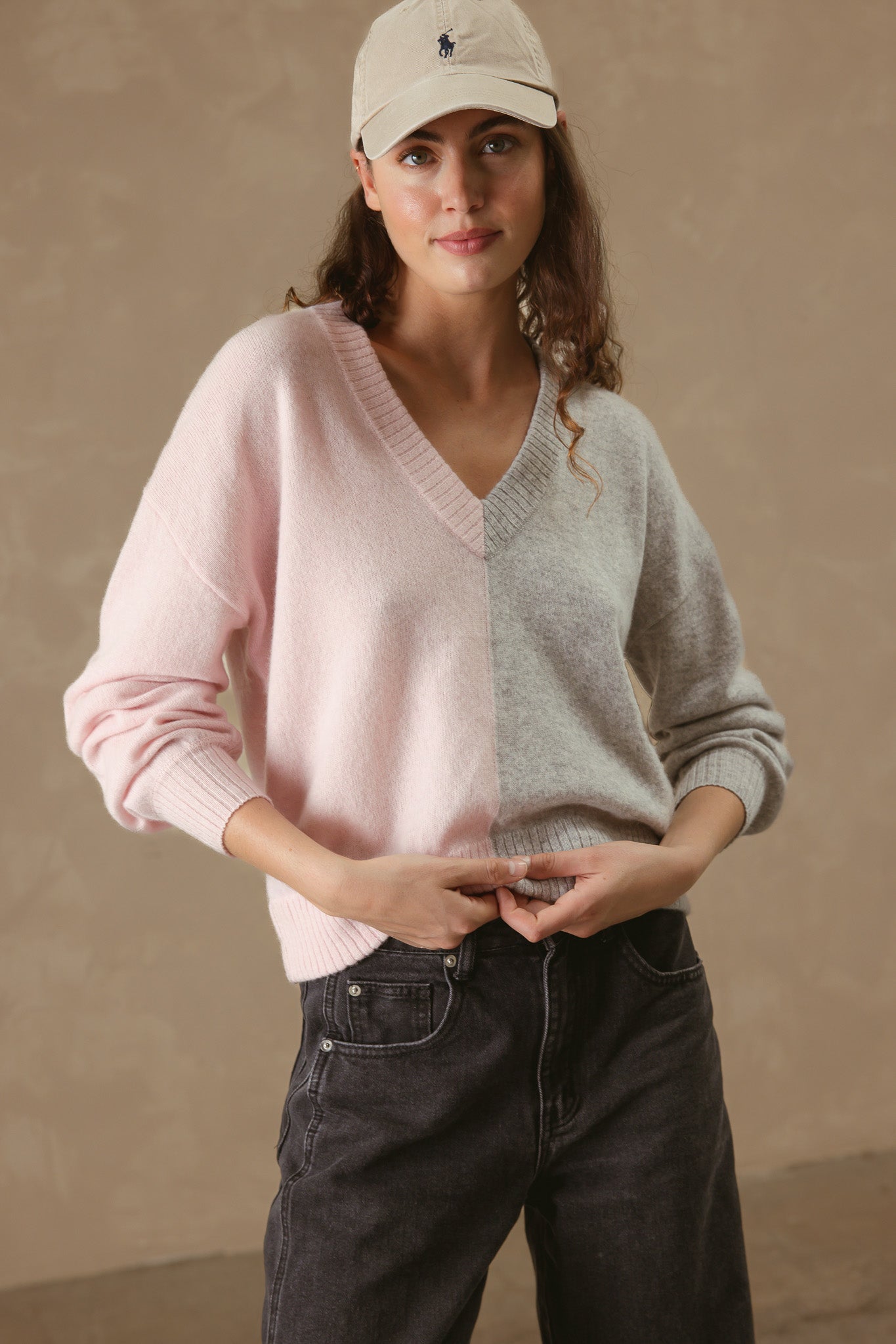 Simone Color Blocked Cashmere V Neck