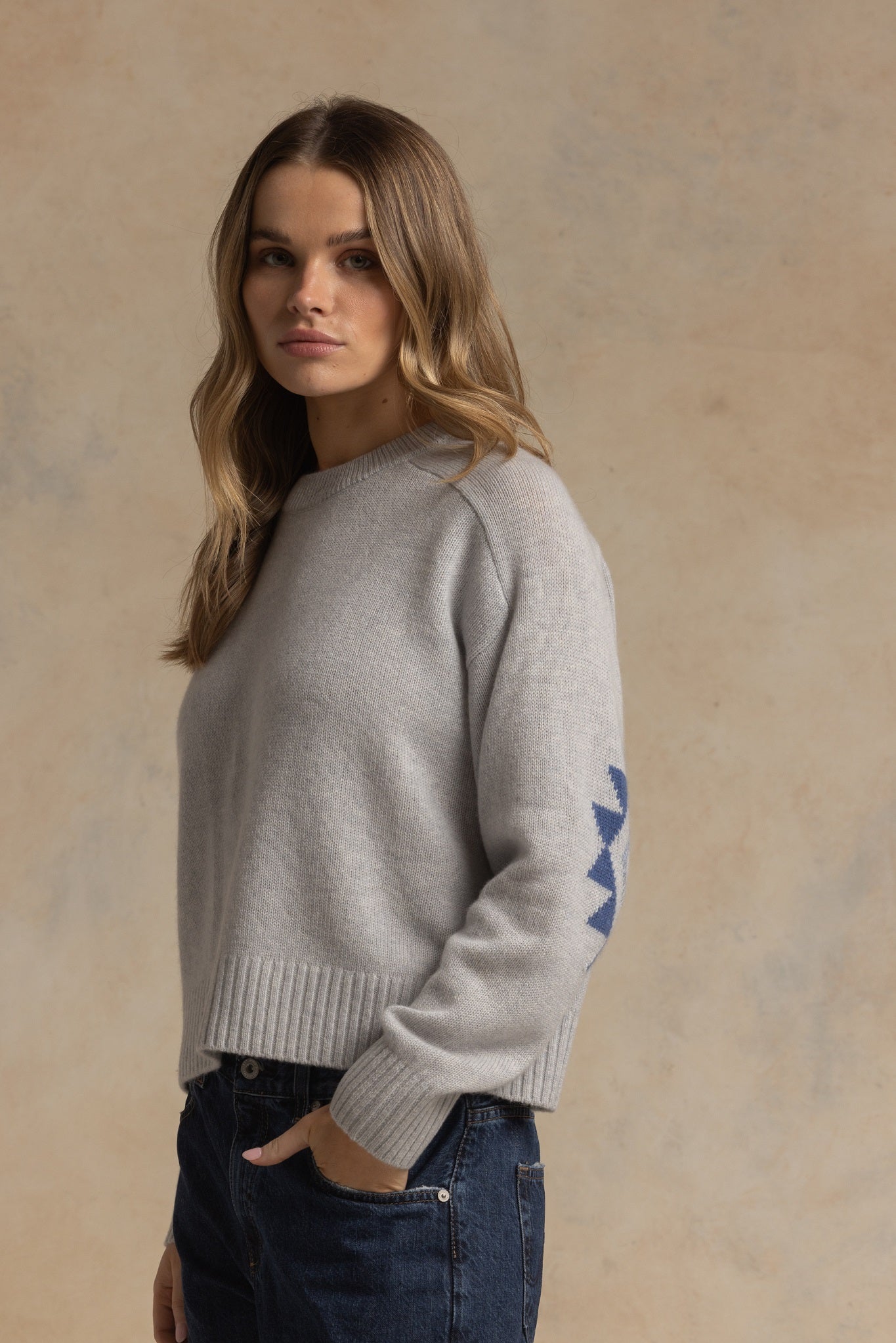 Maty Cashmere Boxy Crew with Navajo Elbow Pattern