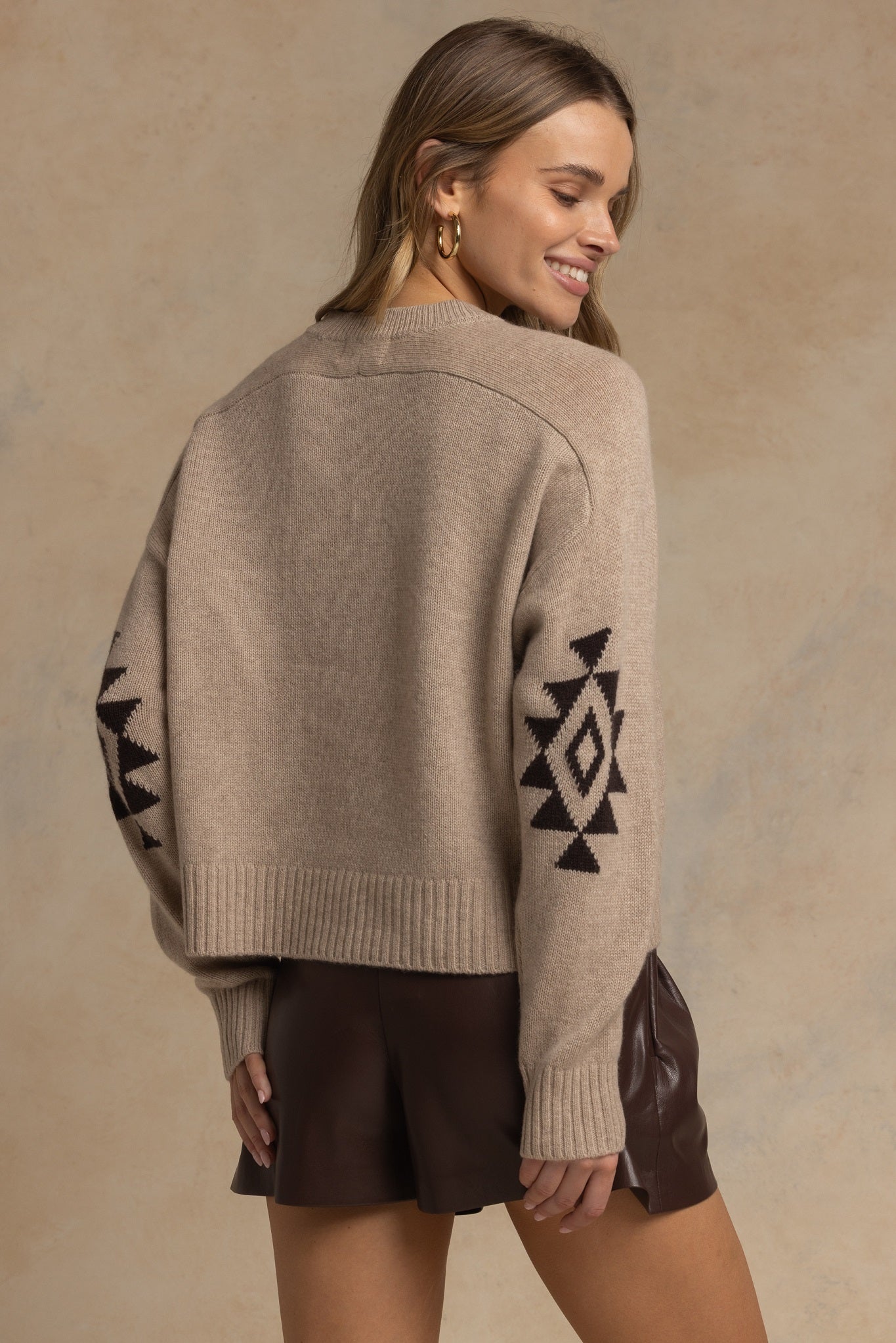 Maty Cashmere Boxy Crew with Navajo Elbow Pattern
