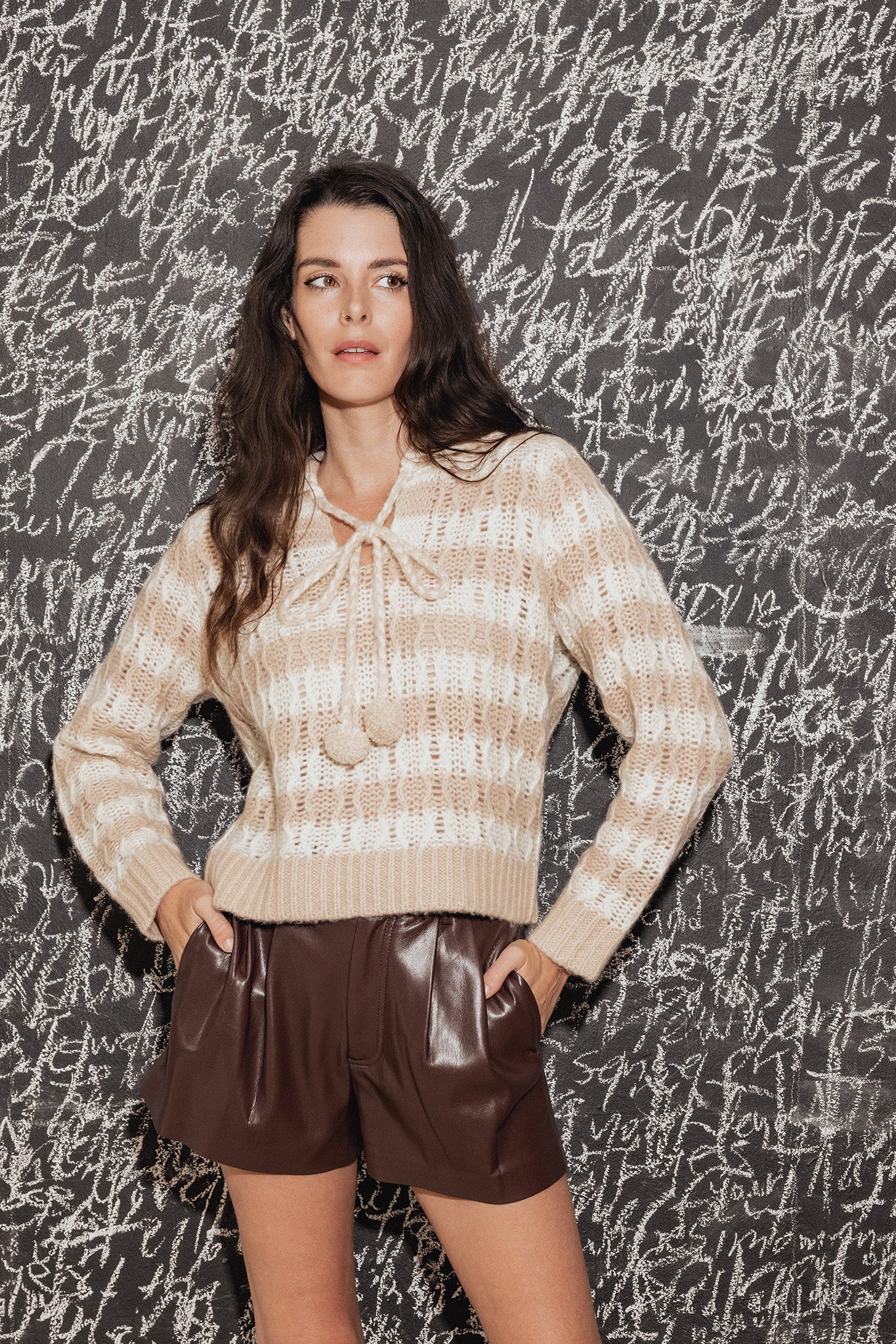 Adler Striped Sweater with Pom Pom Tie at Collar