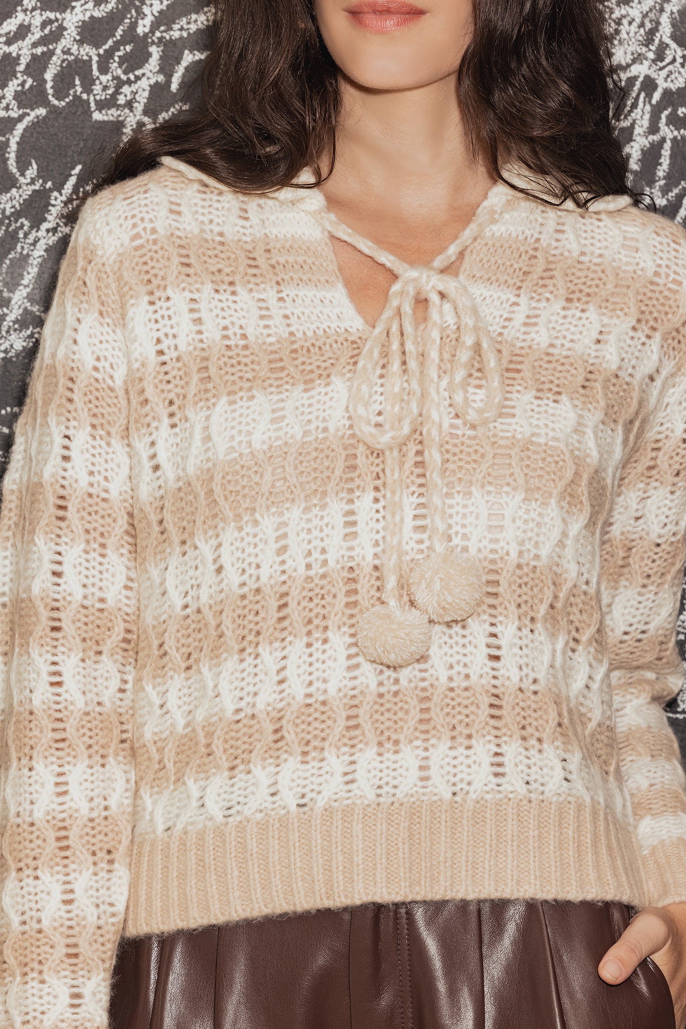 Adler Striped Sweater with Pom Pom Tie at Collar