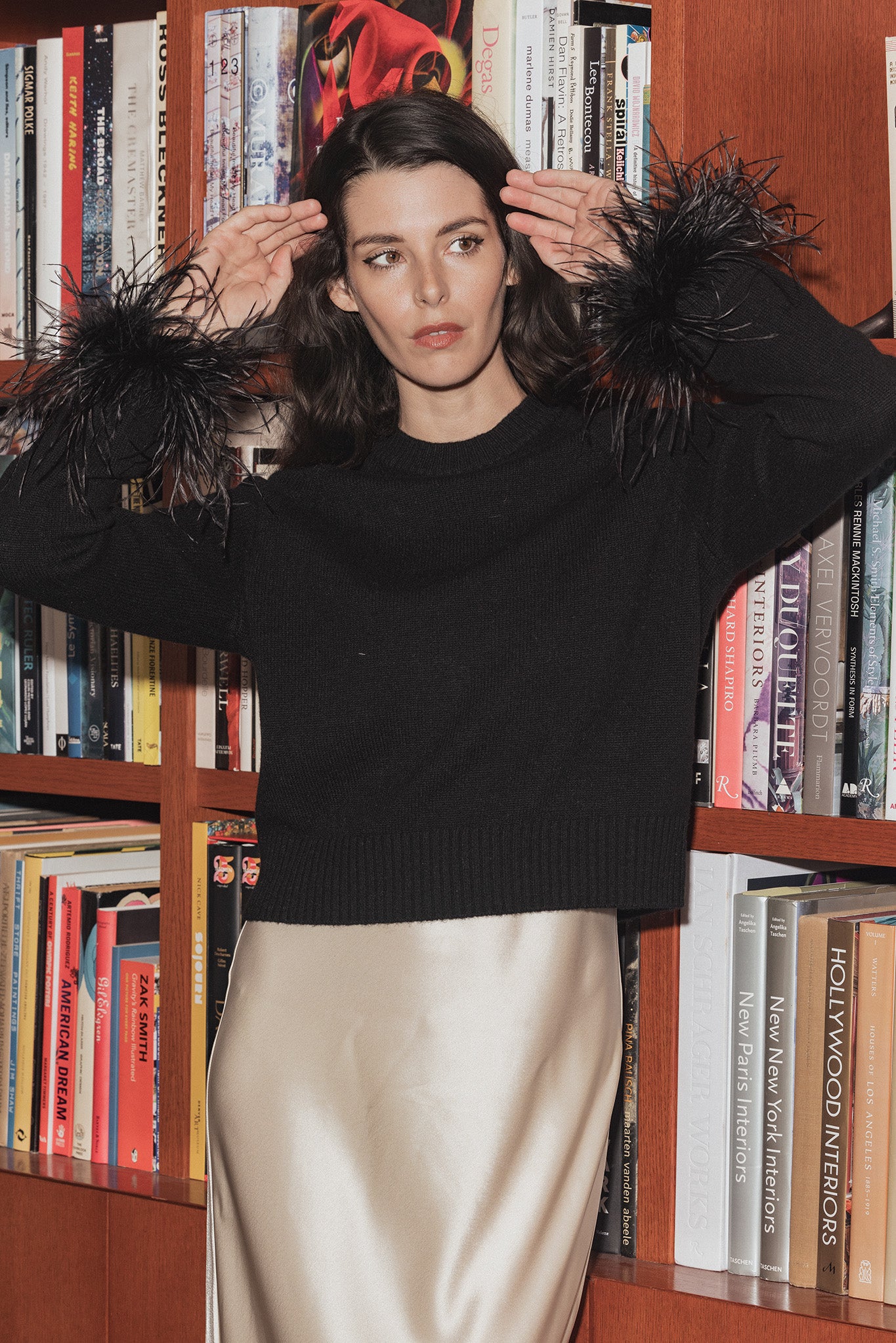 Catriona Cashmere Cropped Crew with Feather Cuffs