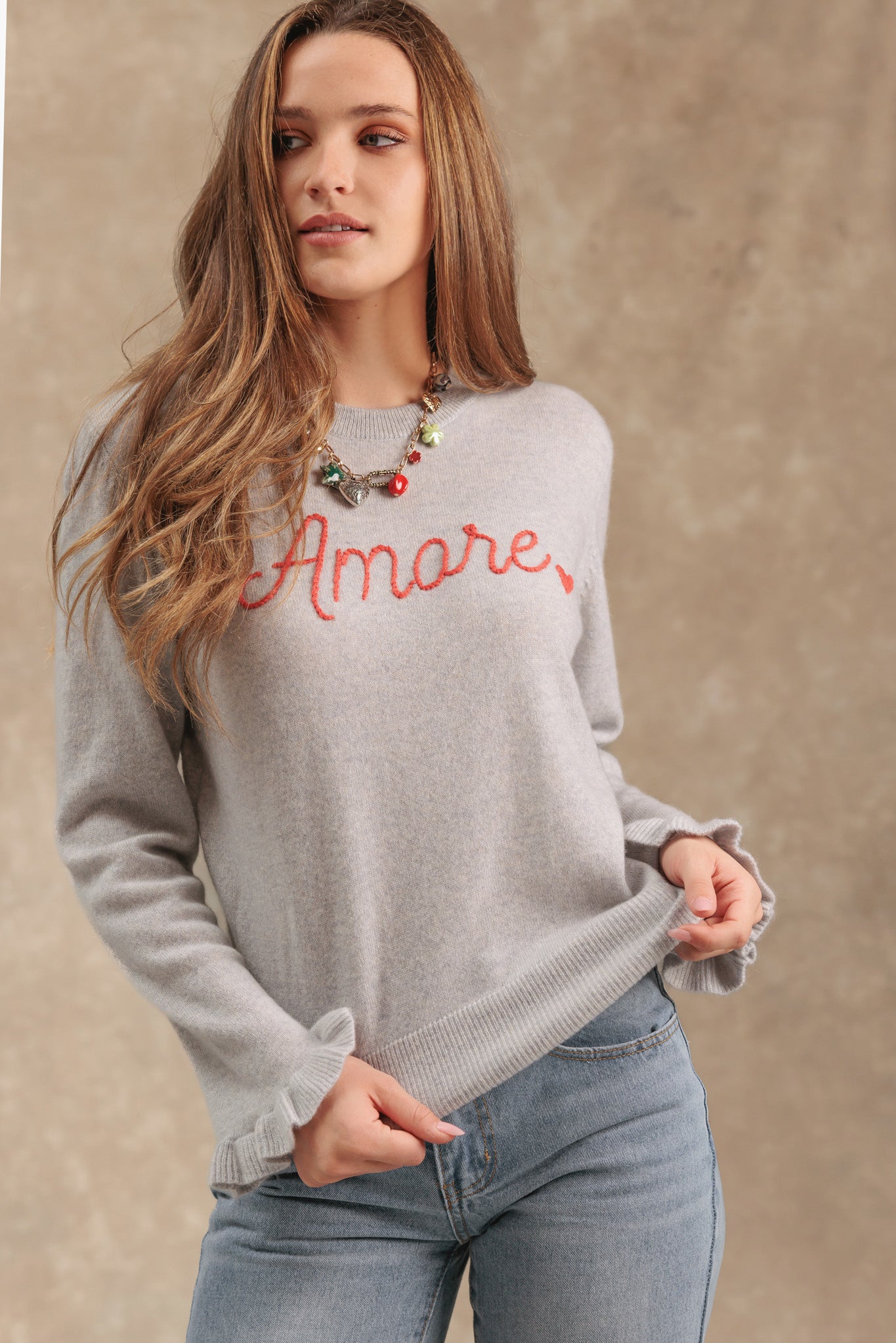 Amore Embroidered Cashmere Crew