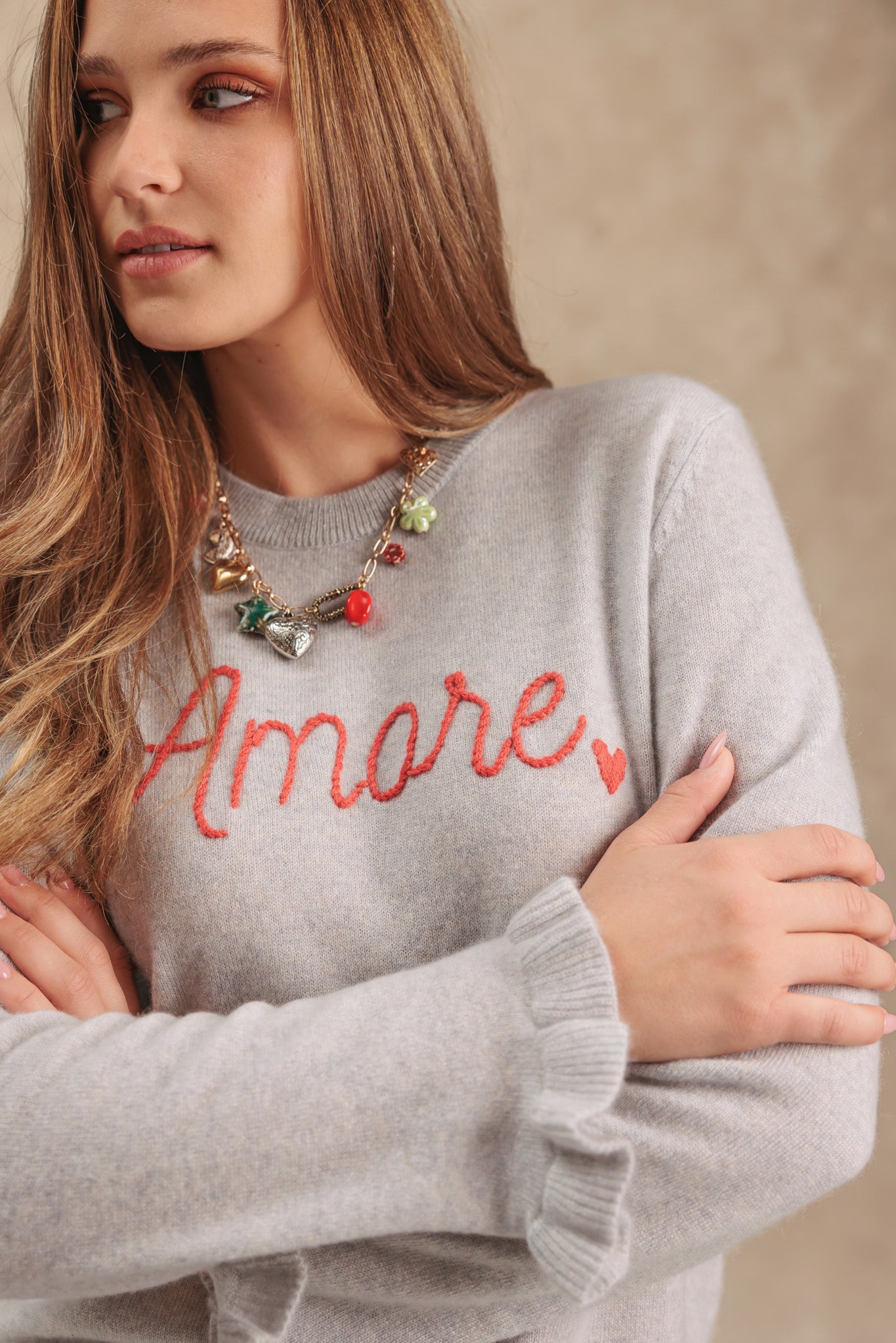 Amore Embroidered Cashmere Crew