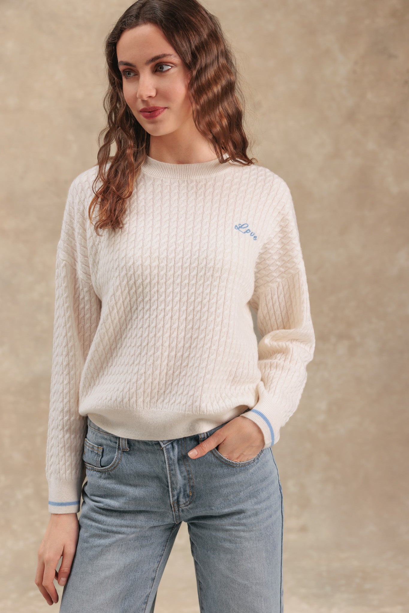Vivace Cashmere Cable Crew with Love Embroidery