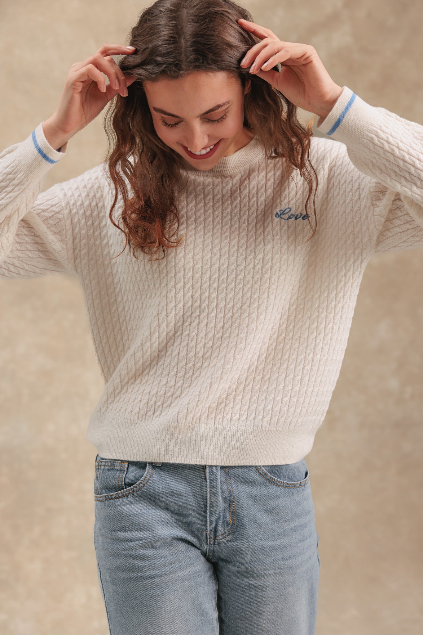 Vivace Cashmere Cable Crew with Love Embroidery