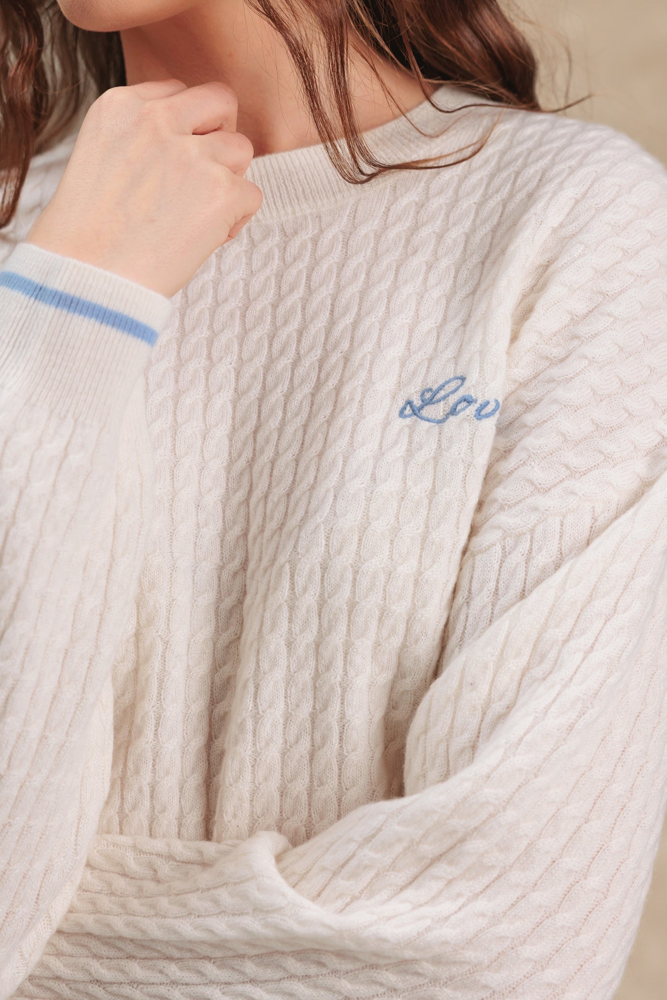 Vivace Cashmere Cable Crew with Love Embroidery