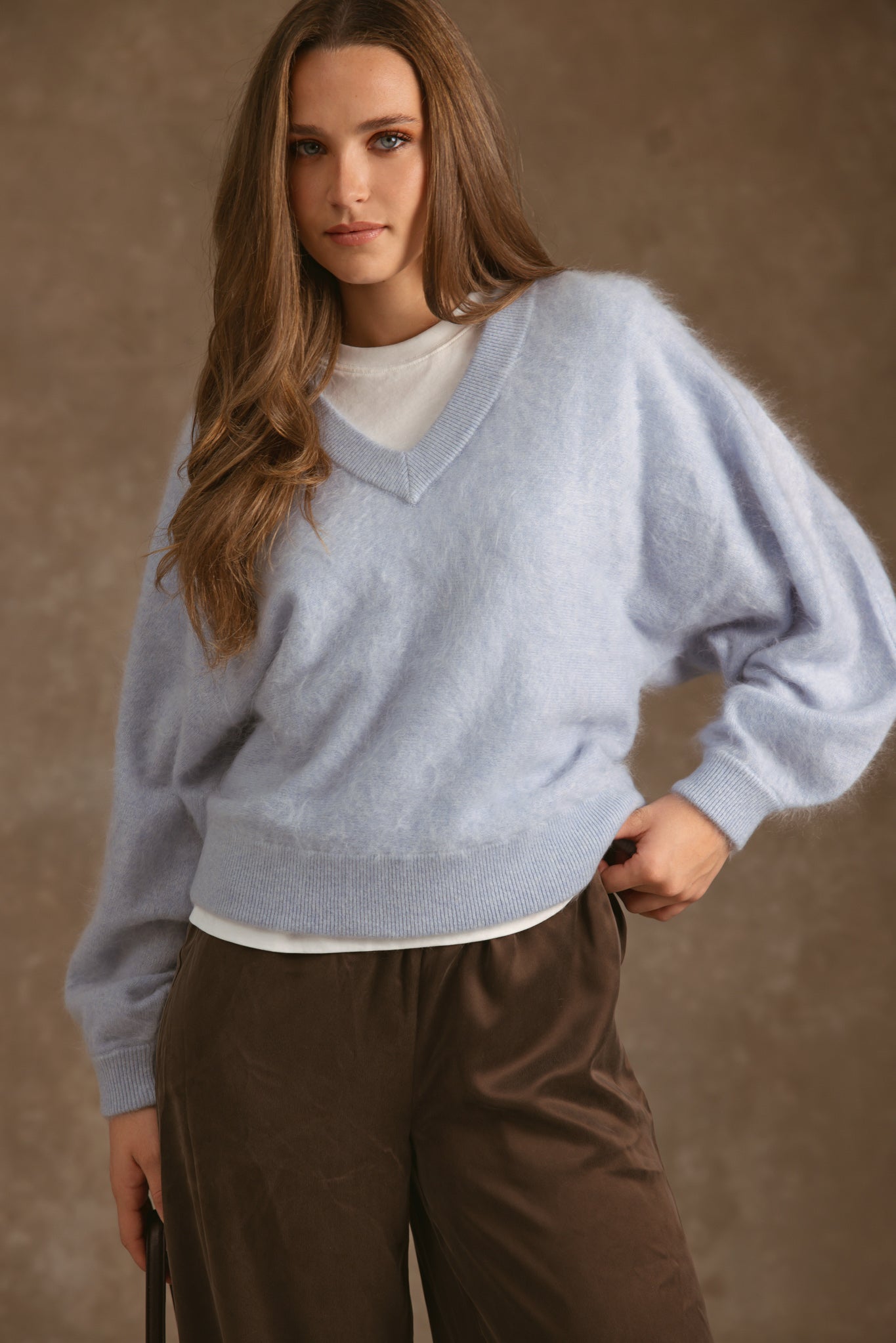 Sue Fuzzy Cashmere V Neck Pullover