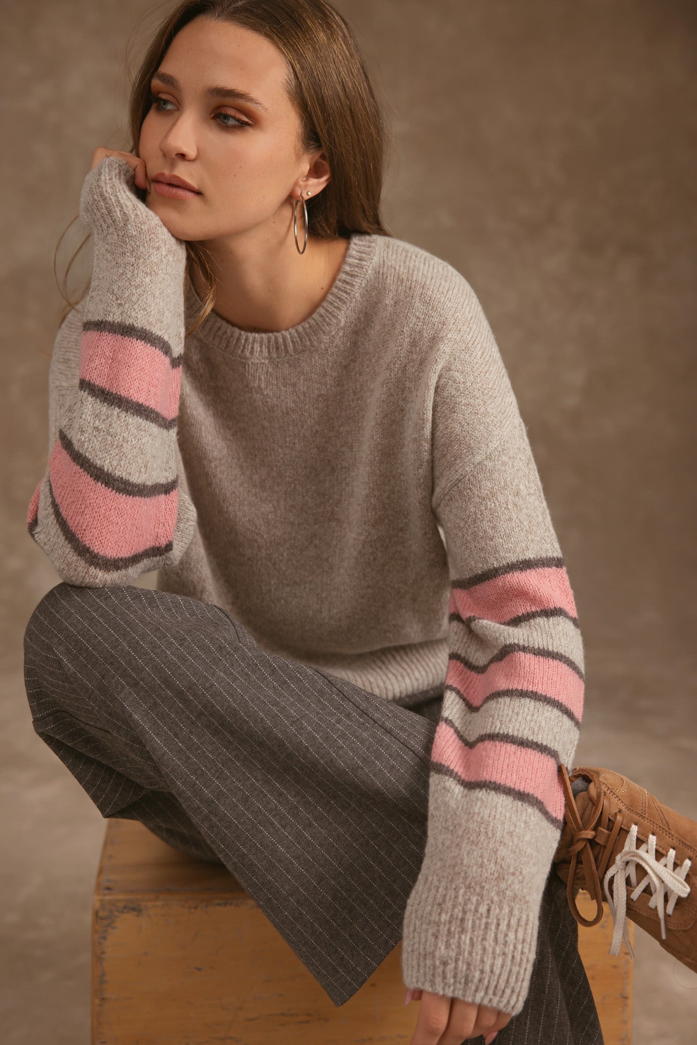 Raine Cashmere Striped Sleeve Crew Neck
