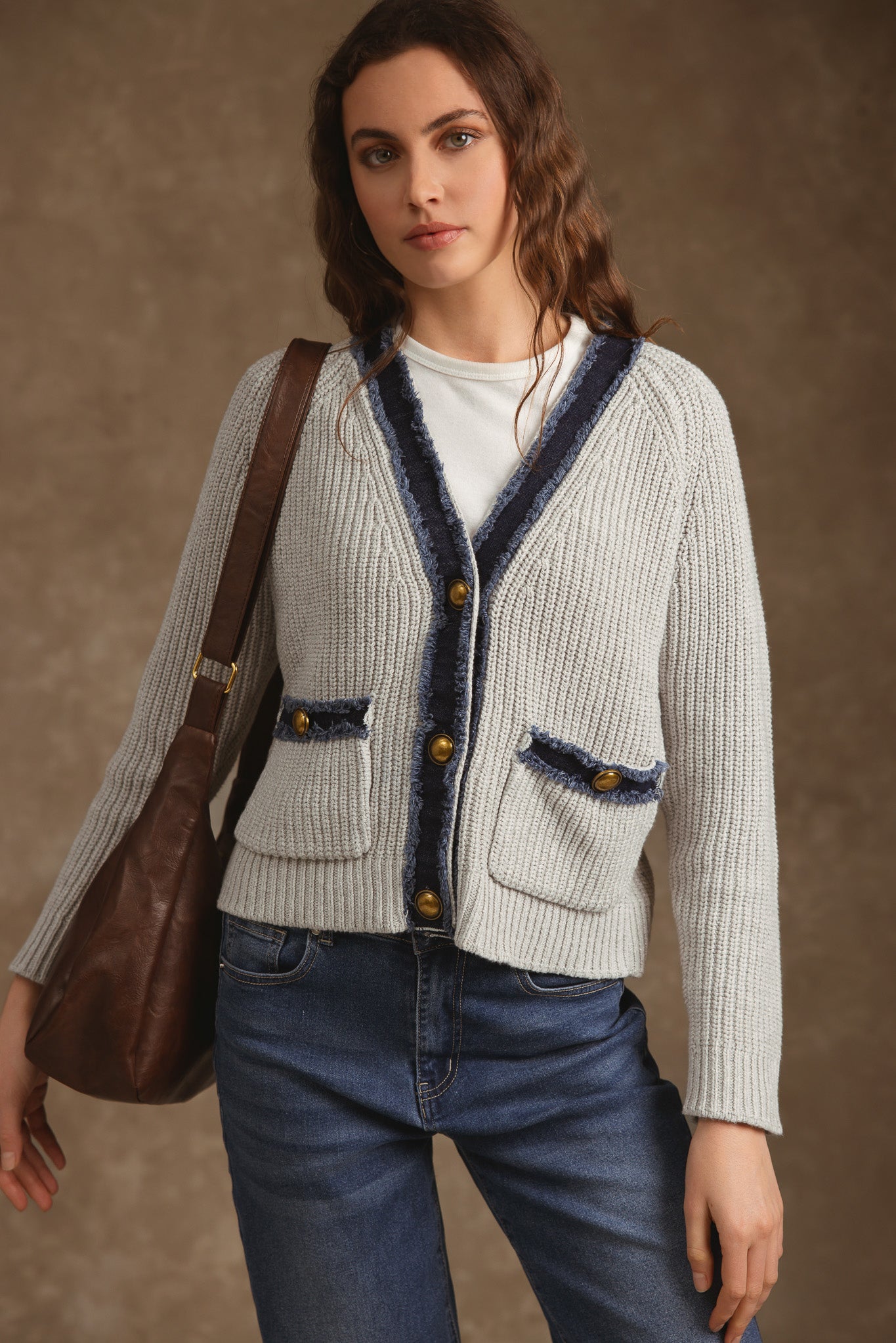 Sylva Cotton Cashmere Chunky Cardigan with Denim Trim