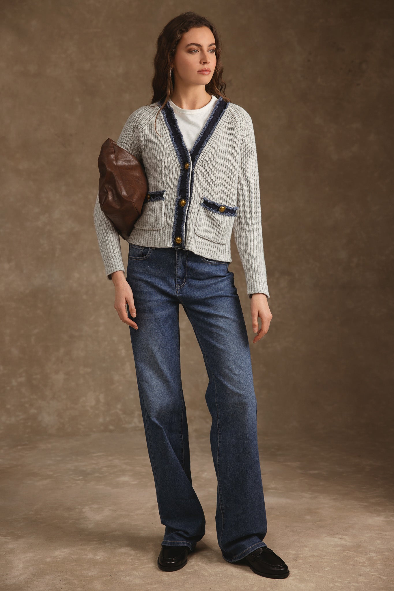 Sylva Cotton Cashmere Chunky Cardigan with Denim Trim
