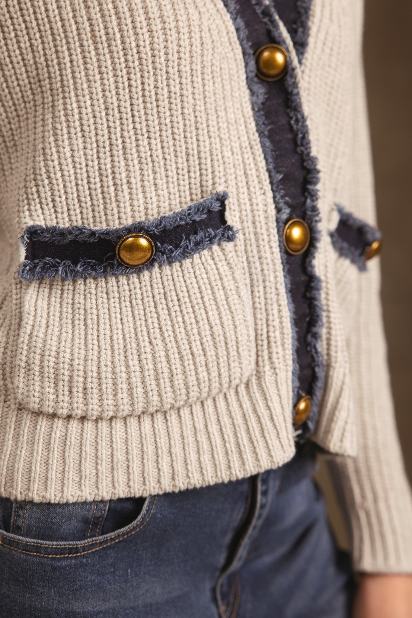 Sylva Cotton Cashmere Chunky Cardigan with Denim Trim