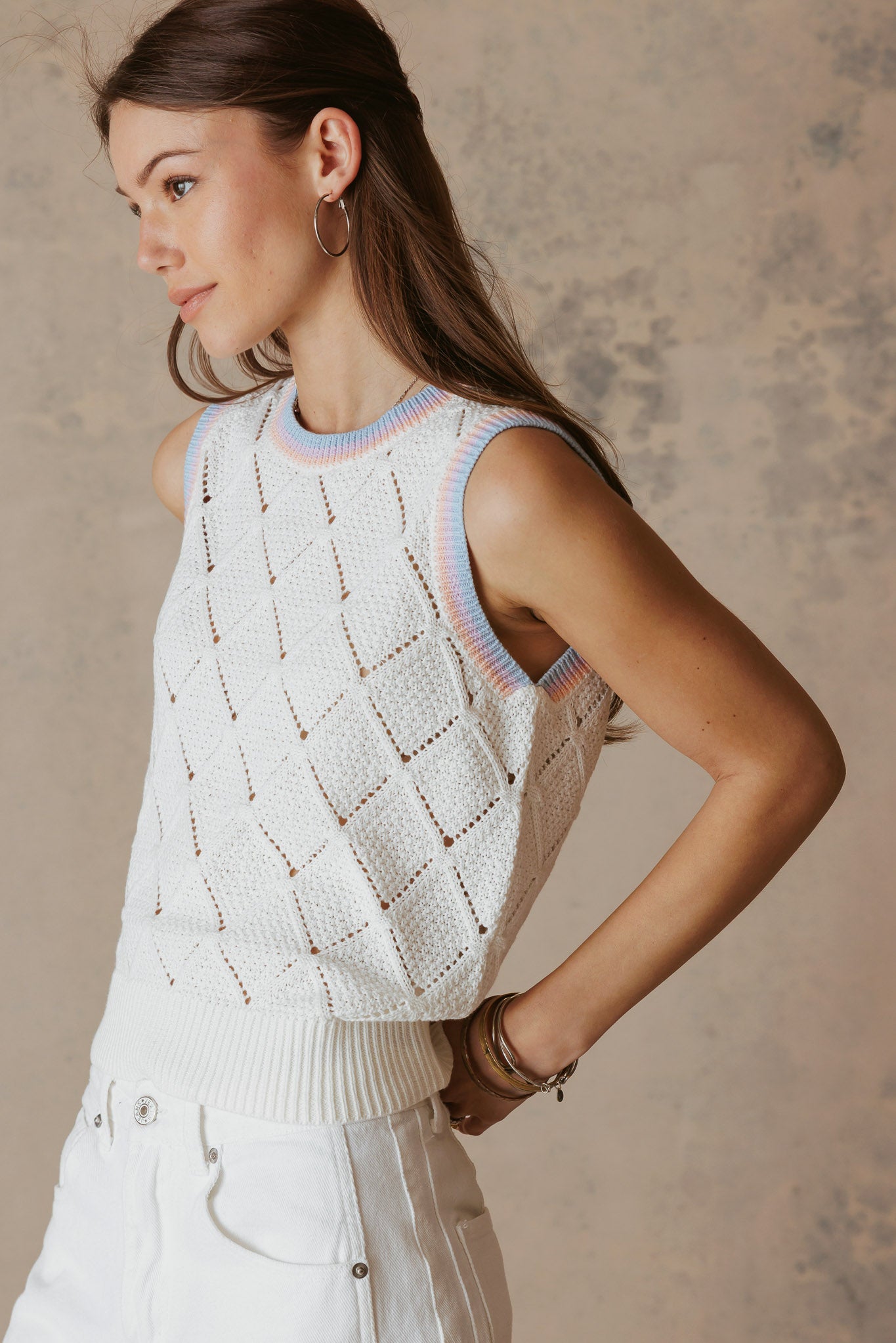 Ayah Texture Cotton Tank with Multi Stripe Trim