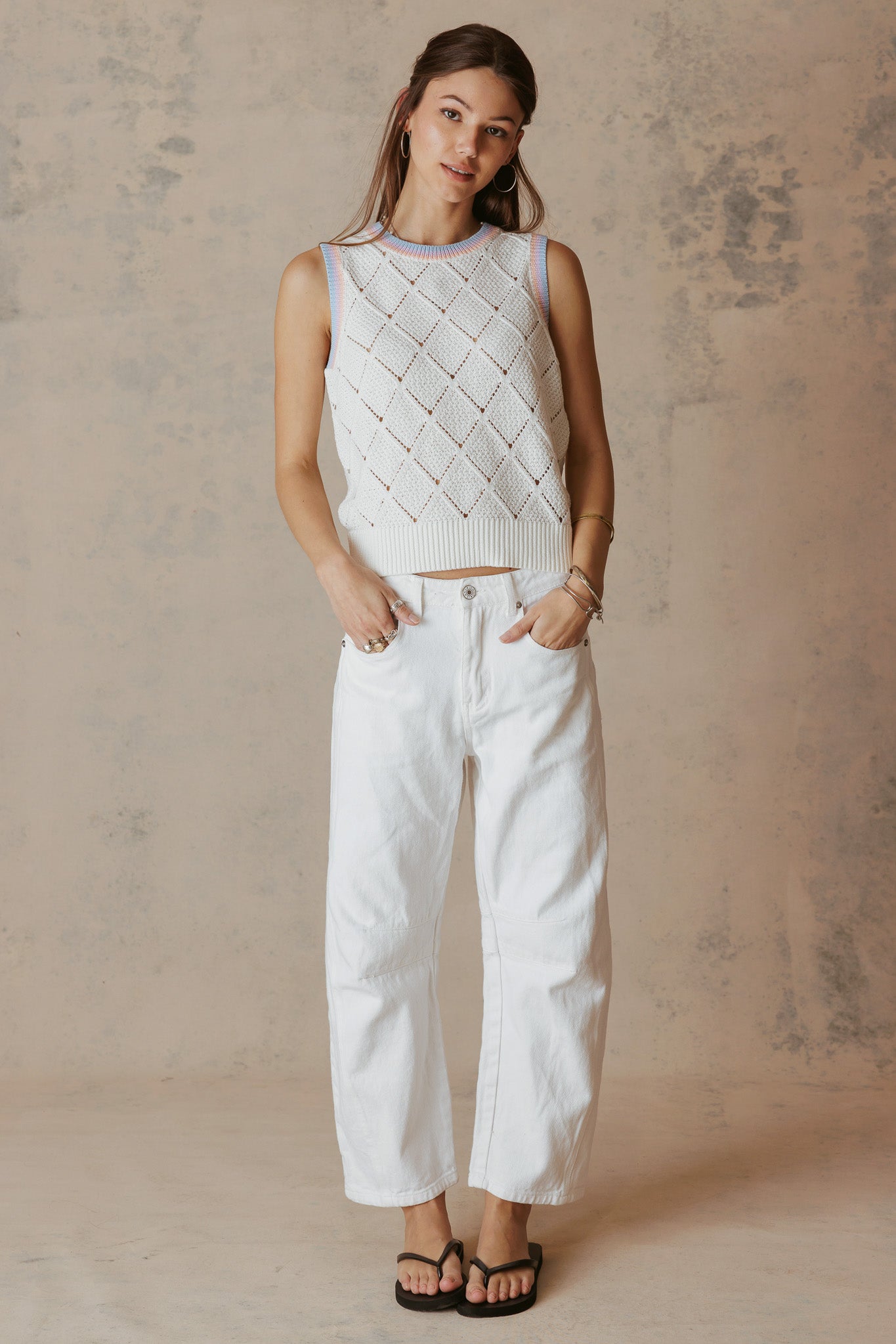 Ayah Texture Cotton Tank with Multi Stripe Trim