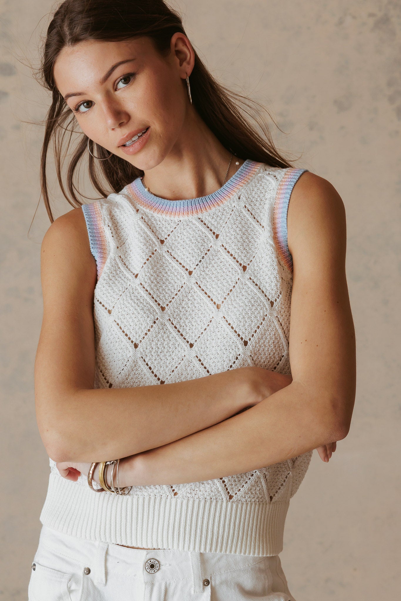 Ayah Texture Cotton Tank with Multi Stripe Trim