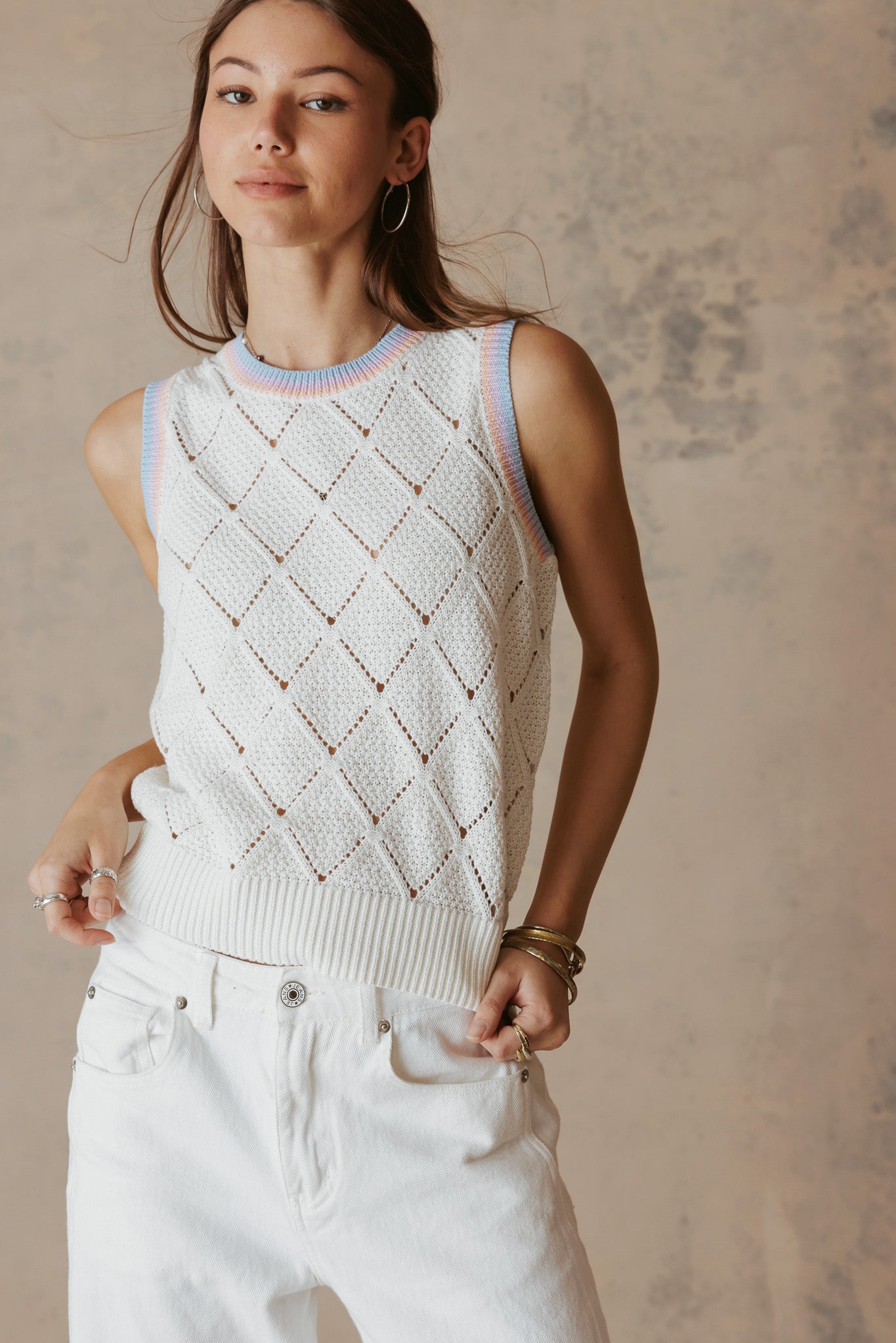 Ayah Texture Cotton Tank with Multi Stripe Trim