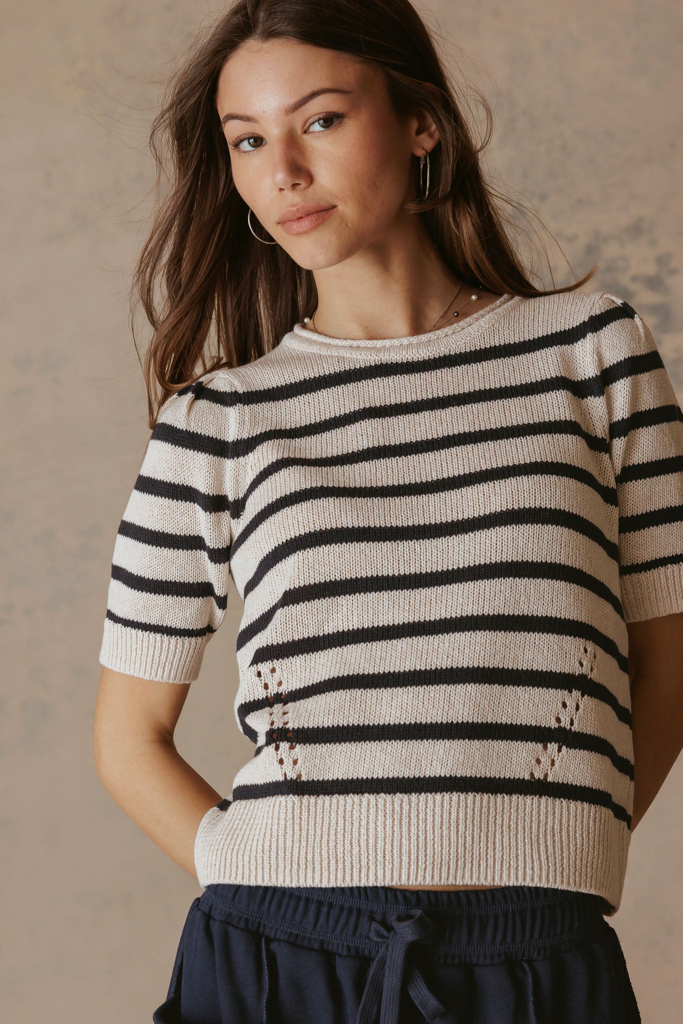 Elenor Linen Blend Striped Short Sleeve