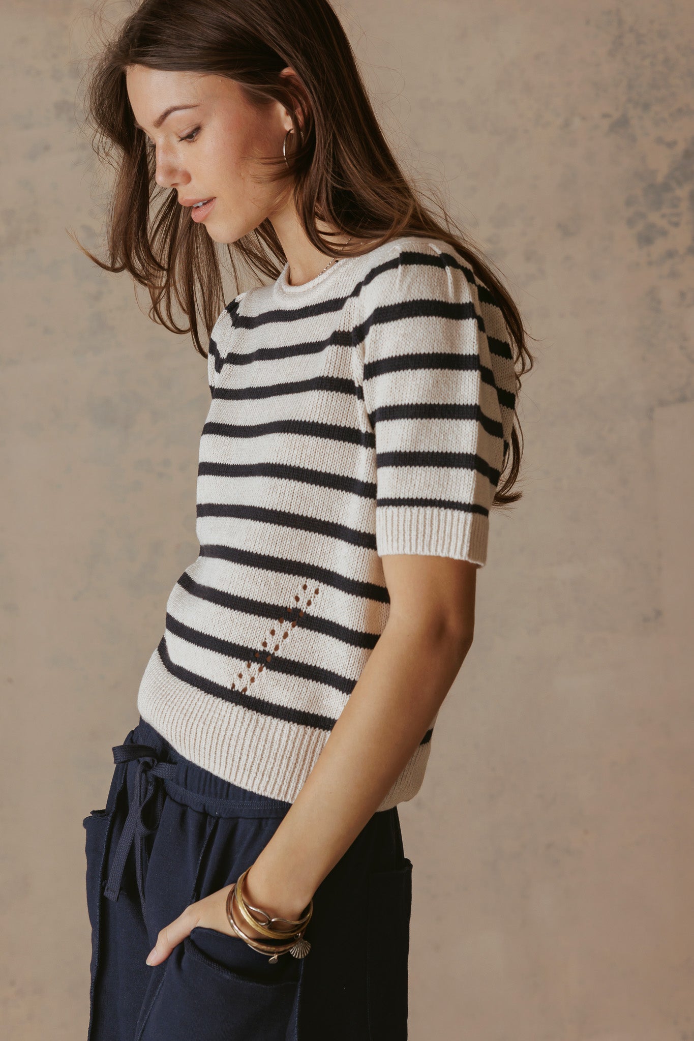 Elenor Linen Blend Striped Short Sleeve