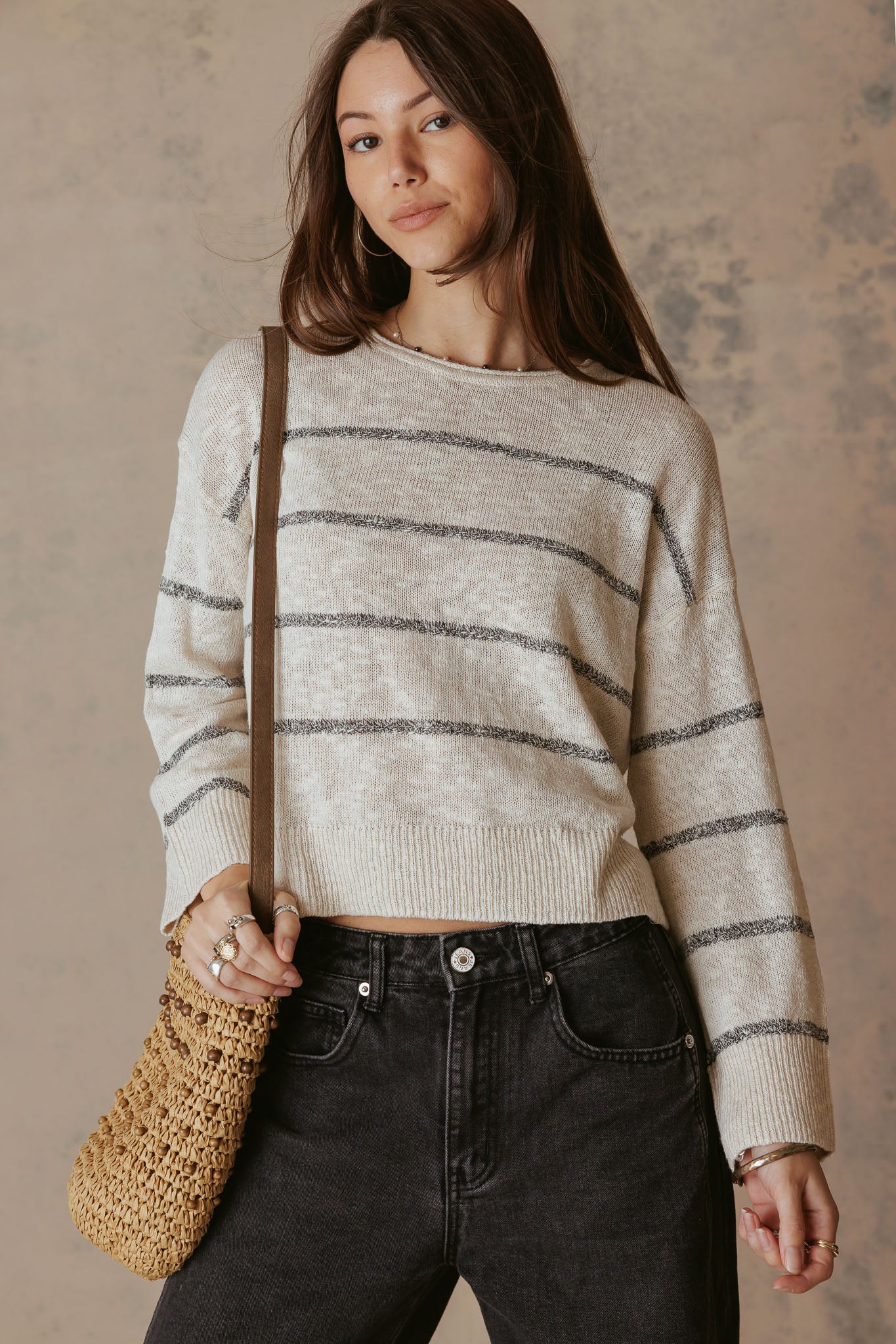 Emel Silk Linen Blend Long Sleeve Stripe Top