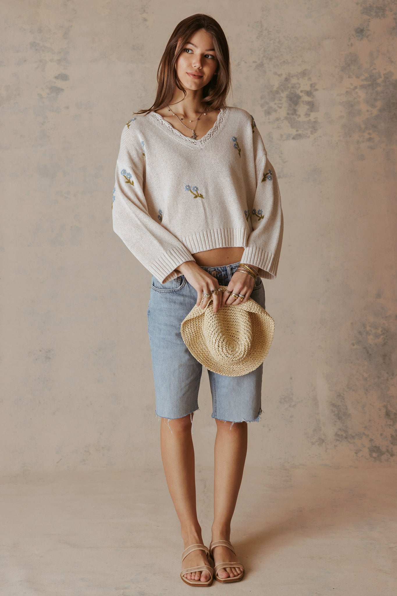 Gelina Linen Blend V neck with Floral Embroidery