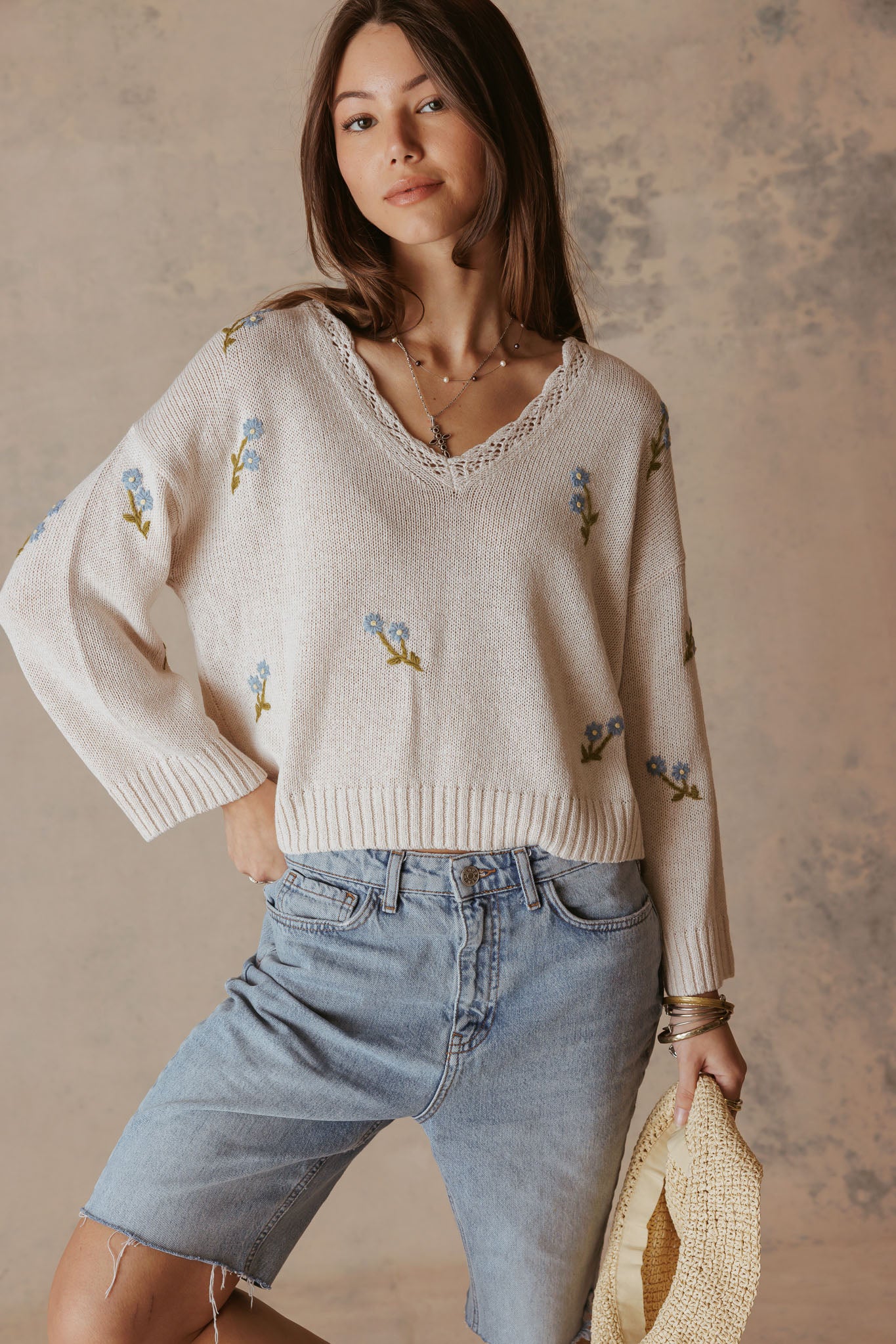 Gelina Linen Blend V neck with Floral Embroidery