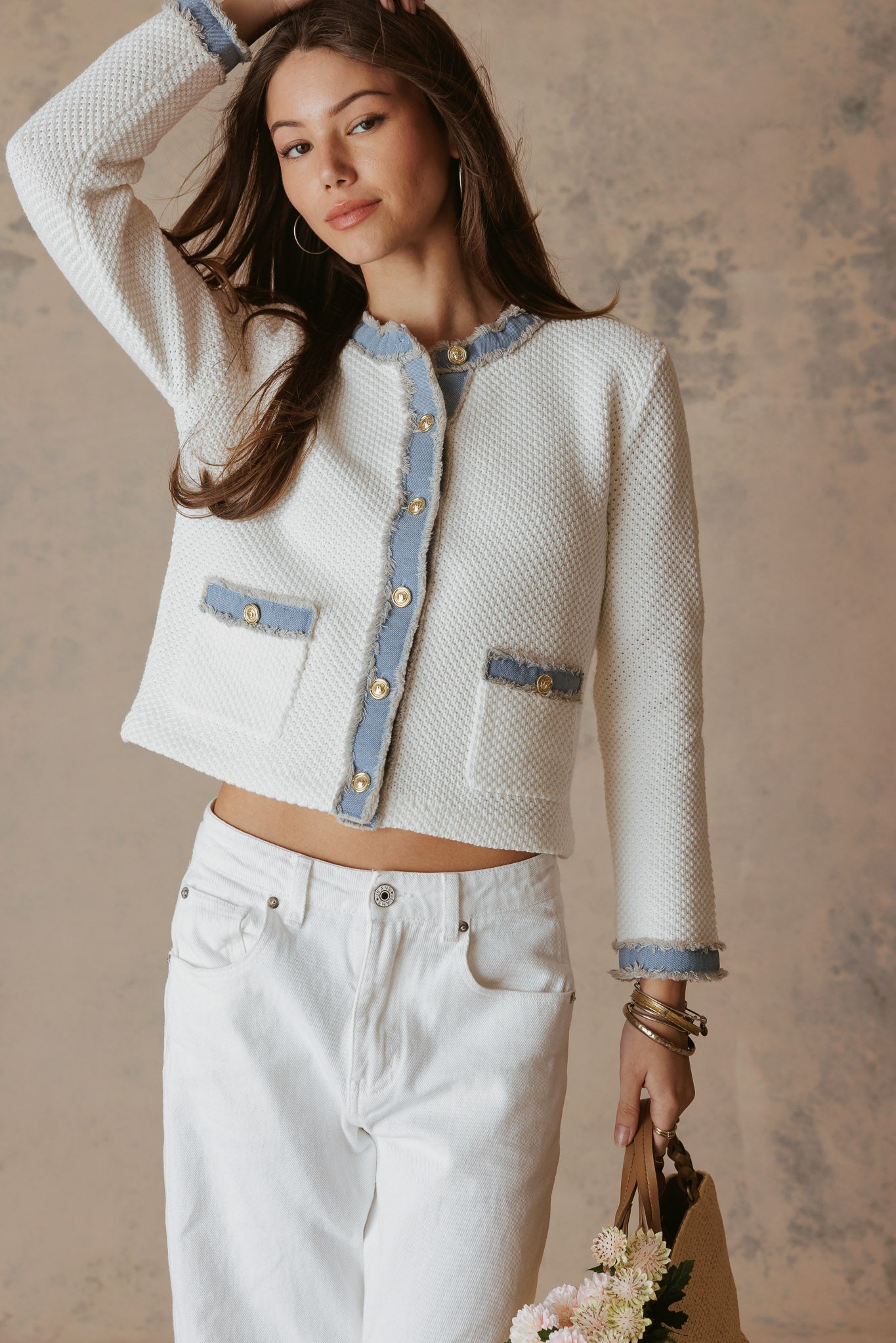 Sutton Cotton Lady Cardiga with Denim Trim