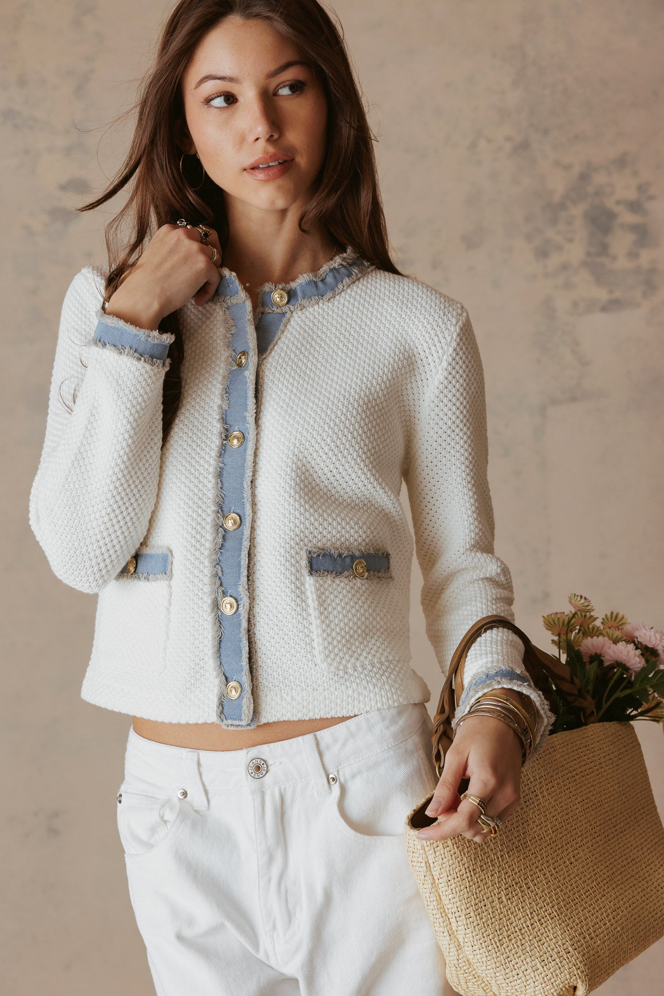 Sutton Cotton Cardigan With Denim Trim | 27 Miles