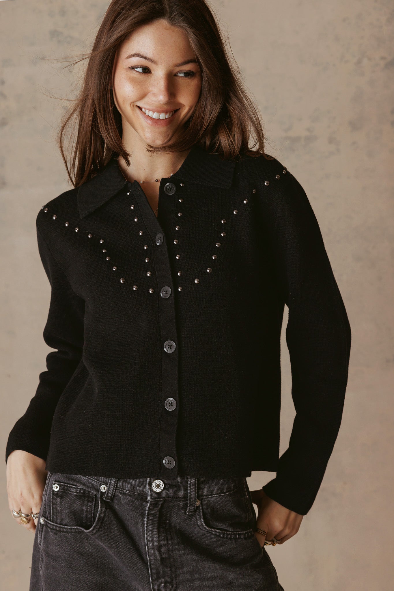 Theresa Studded Collar Knit Jacket