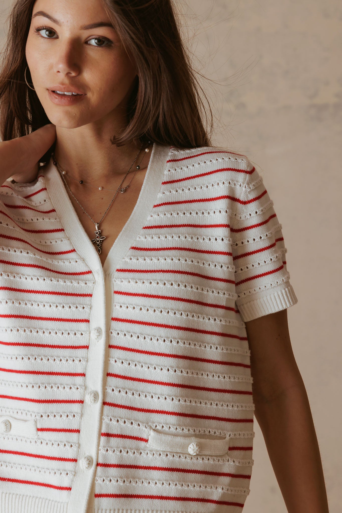 Yelena Cotton Short Sleeve Stripe Cardigan