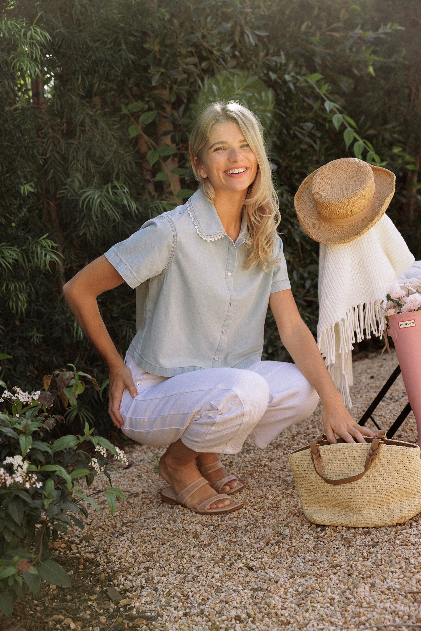 Lainie Short Sleeve Denim Shirt with Lace Collar Trim