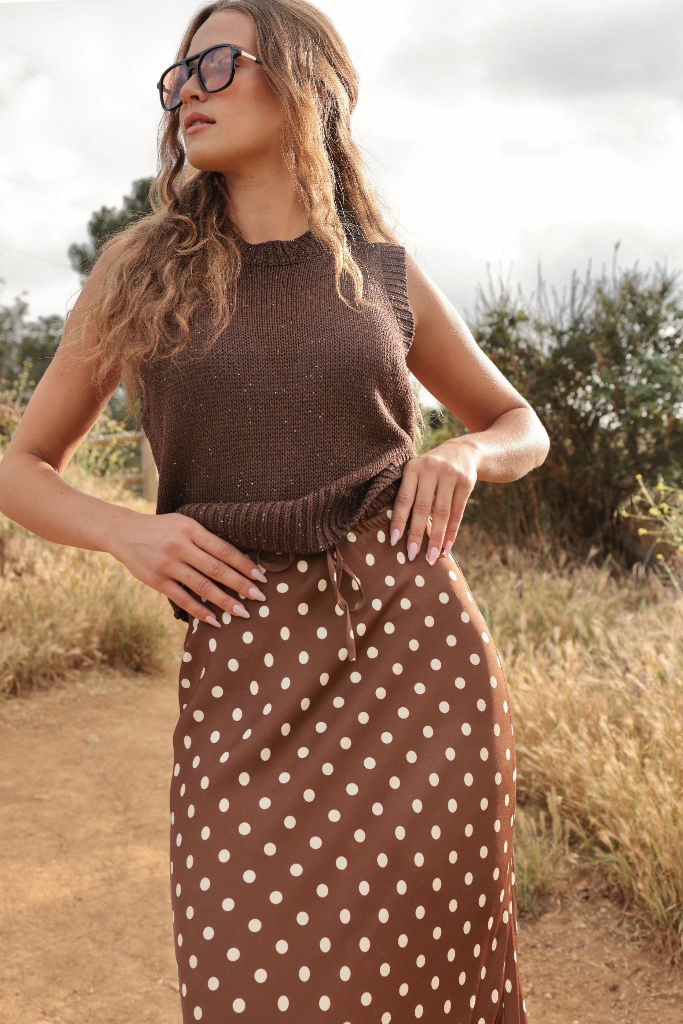 Tate Polka Dot Bias Cut Midi Skirt