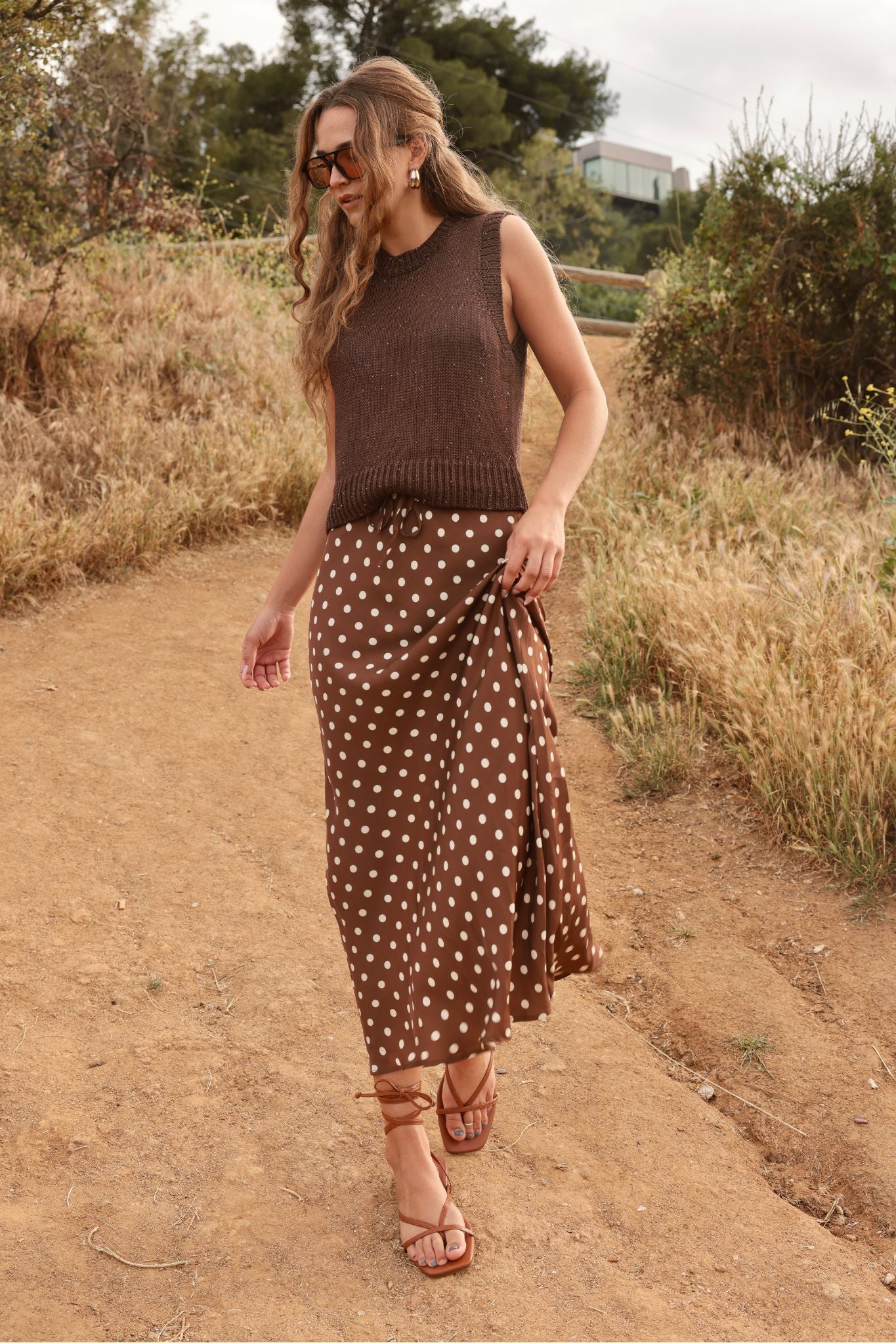 Tate Polka Dot Bias Cut Midi Skirt