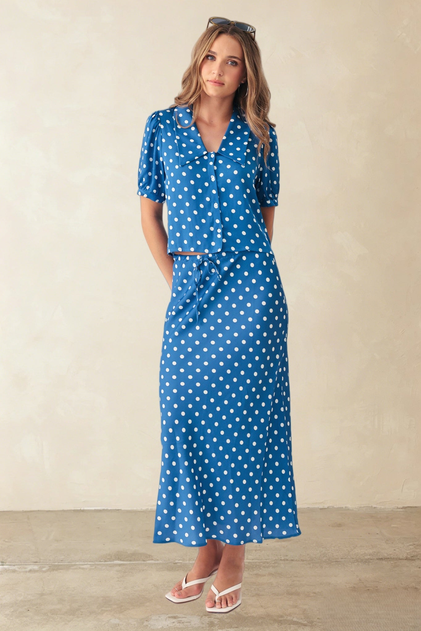 Tate Polka Dot Bias Cut Midi Skirt