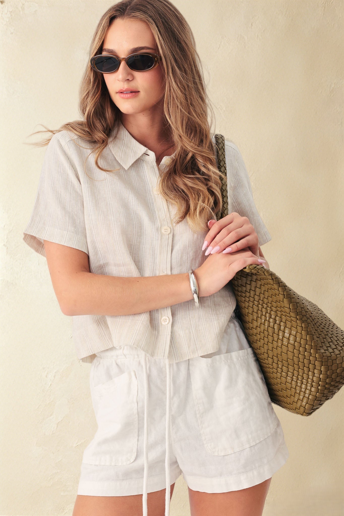 Sole Short Sleeve Lurex Pi Stripe Crop Shirt