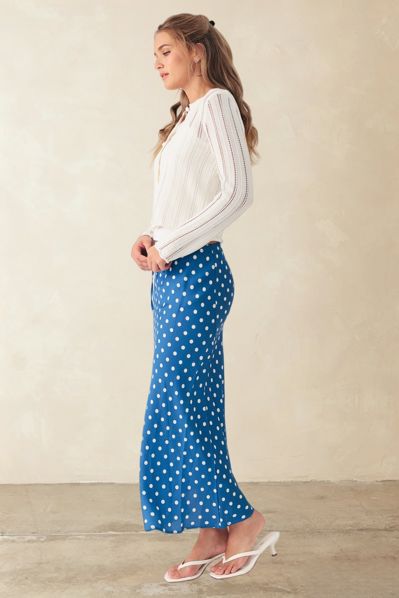 Tate Polka Dot Bias Cut Midi Skirt
