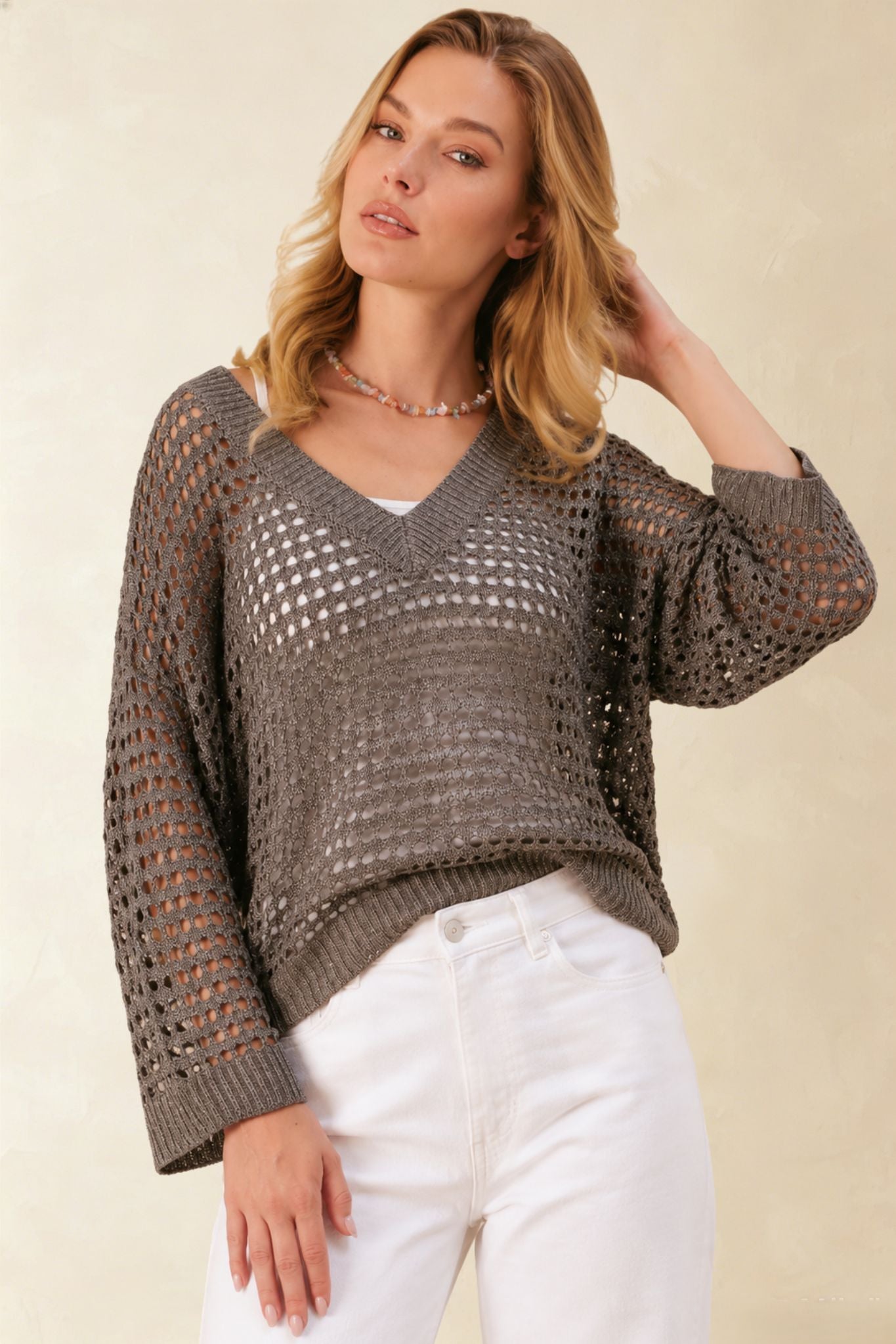 Elcy Sequin Open Stitch V Neck  Knit Top