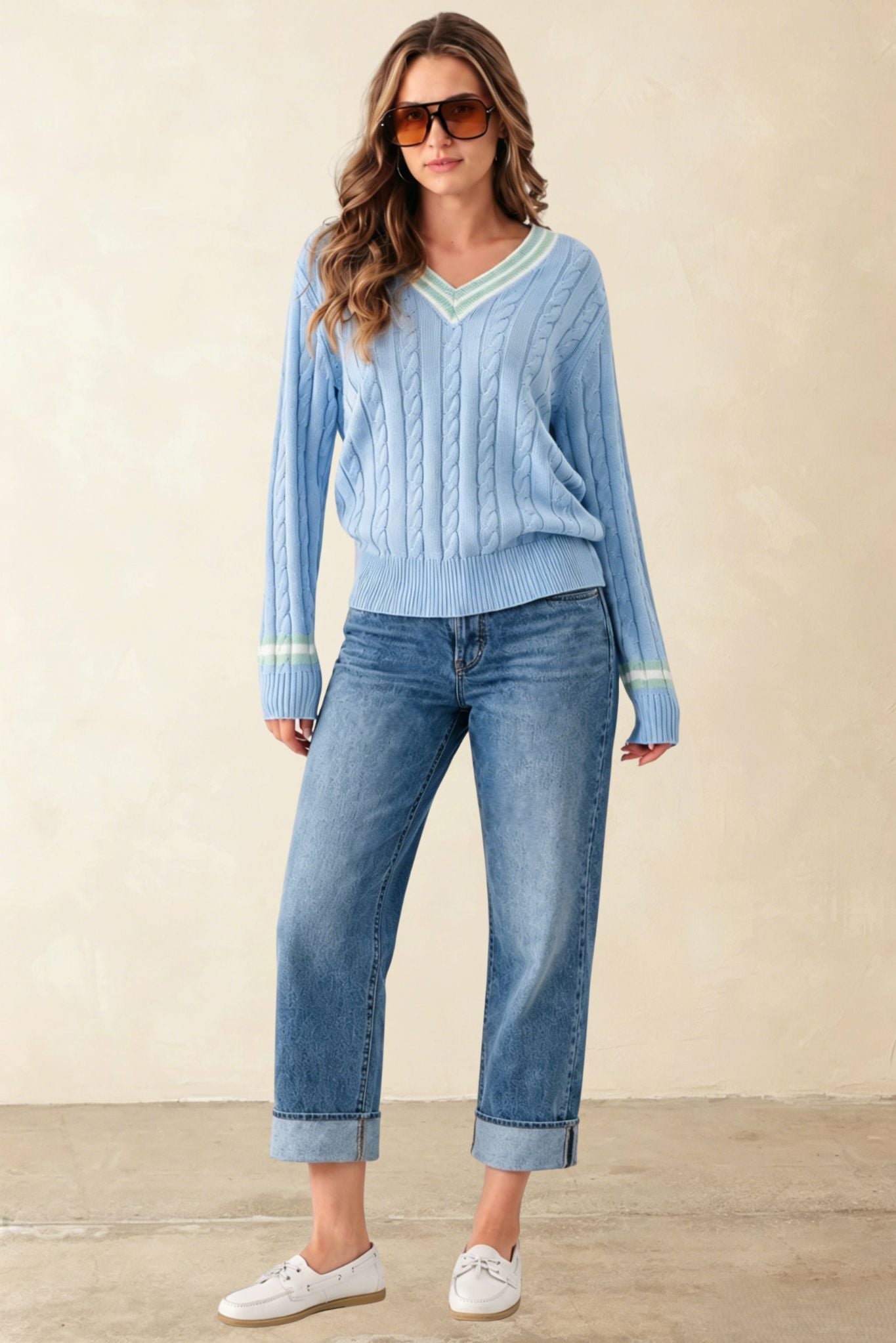 Milana Cotton Cable Varsity V neck