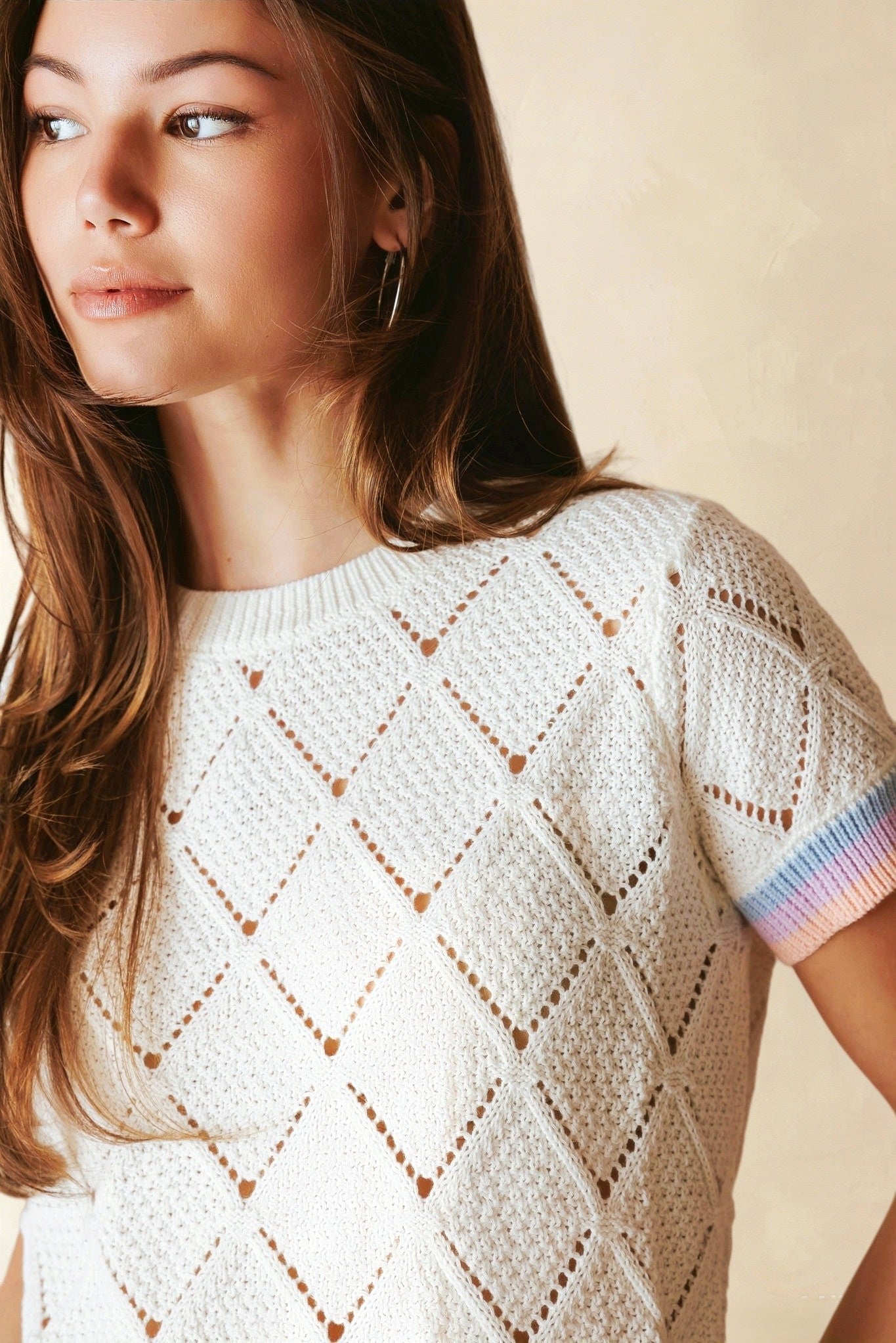 Adriel Cotton Pointelle Top with Striped Trims