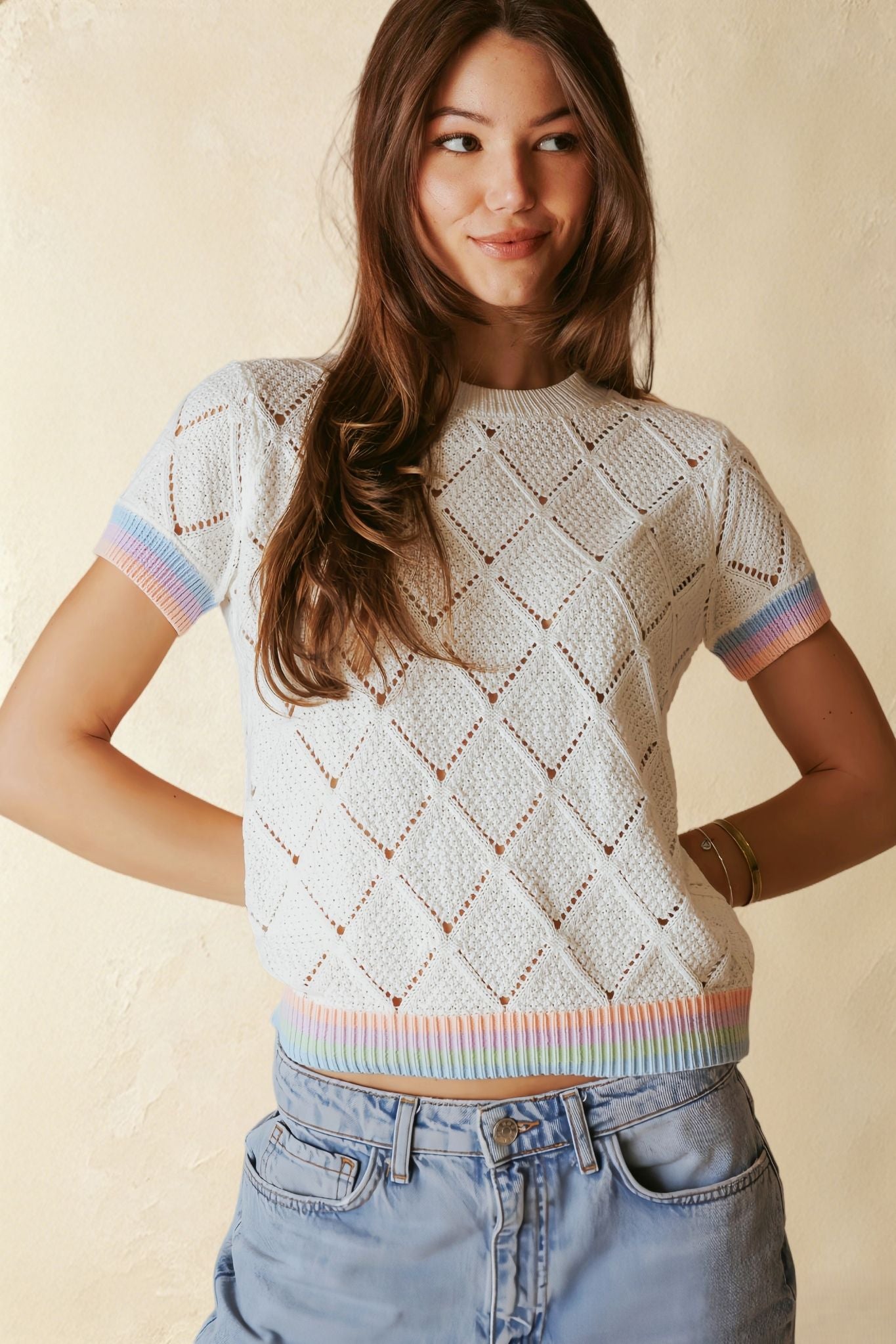 Adriel Cotton Pointelle Top with Striped Trims