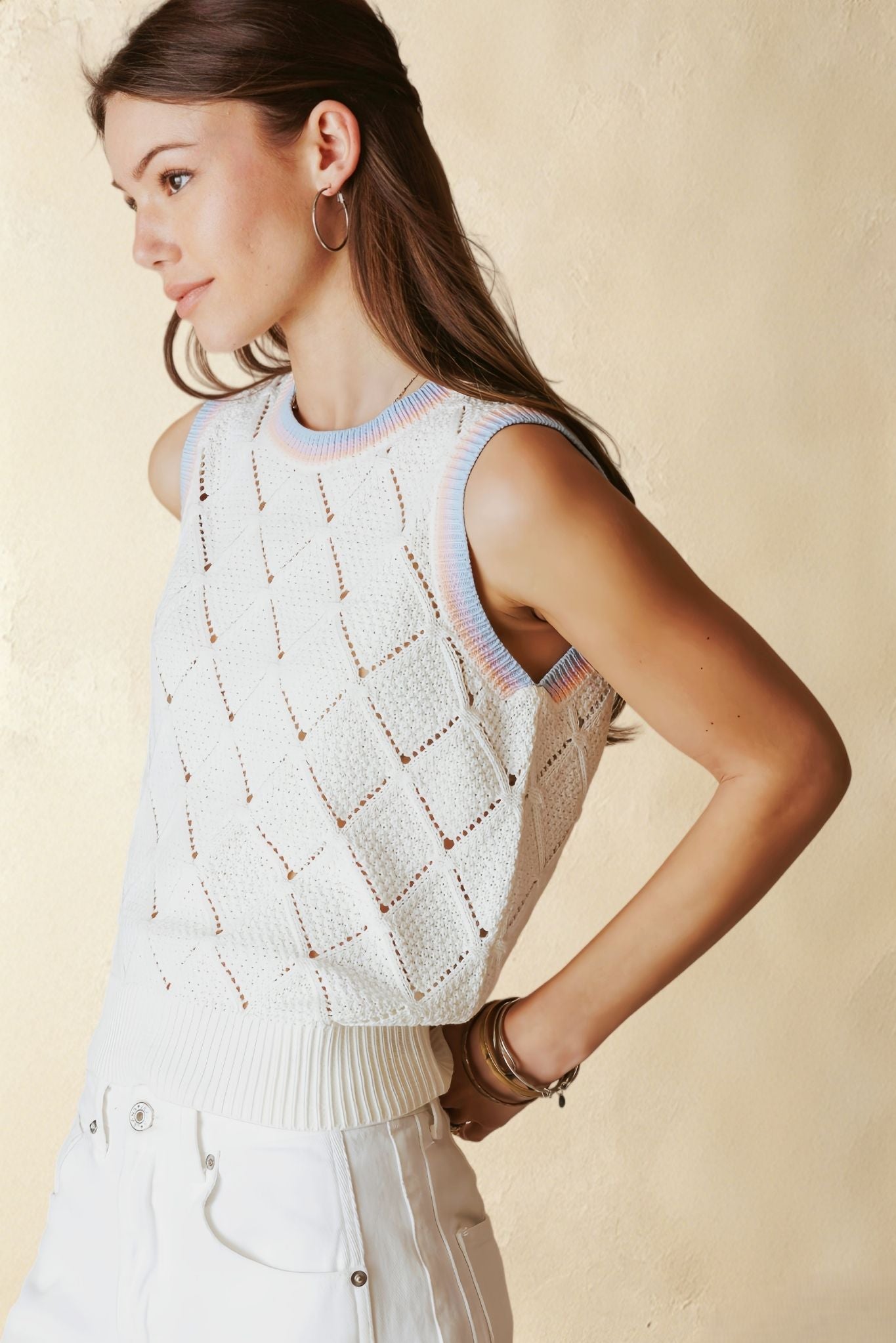 Ayah Texture Cotton Tank with Multi Stripe Trim
