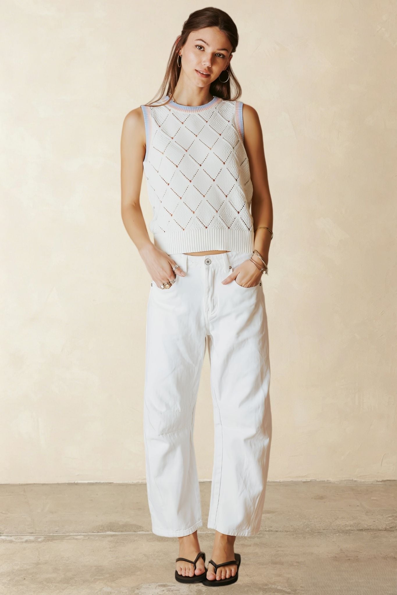 Ayah Texture Cotton Tank with Multi Stripe Trim