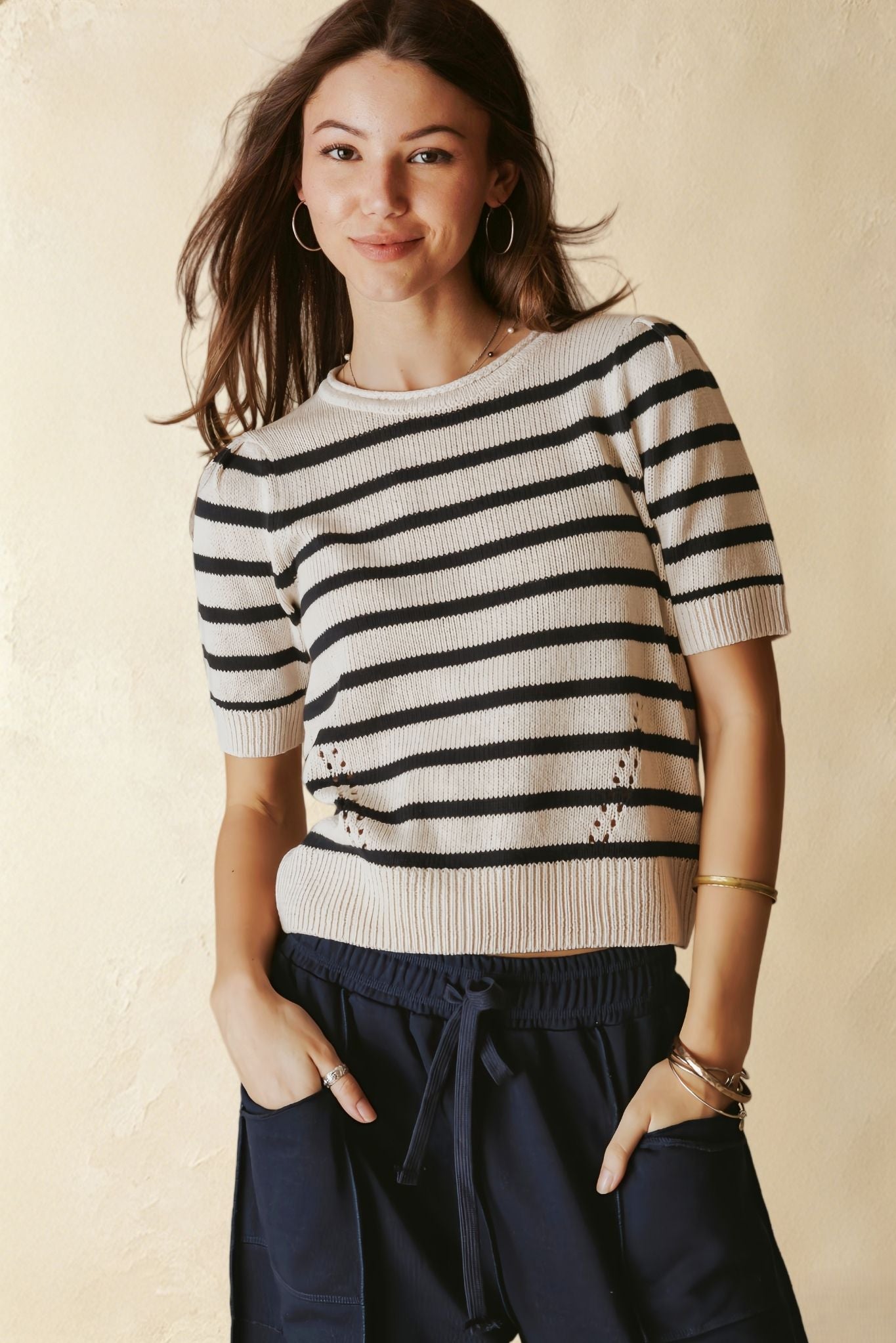 Elenor Linen Blend Striped Short Sleeve