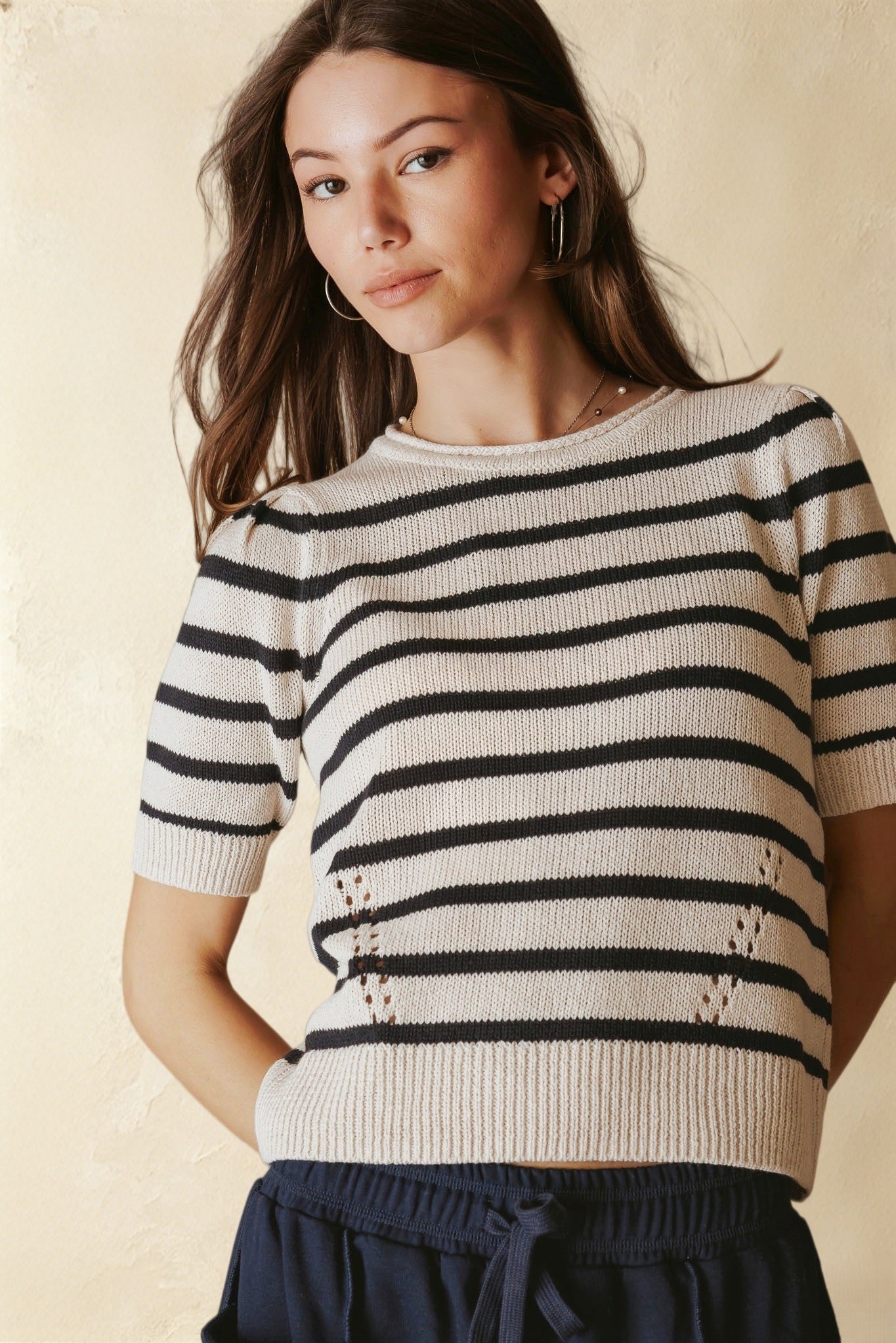 Elenor Linen Blend Striped Short Sleeve