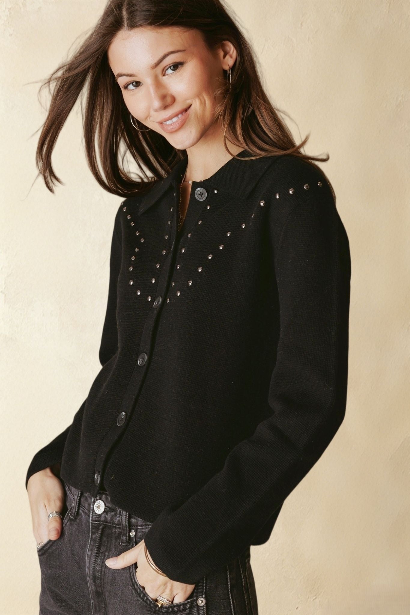 Theresa Studded Collar Knit Jacket