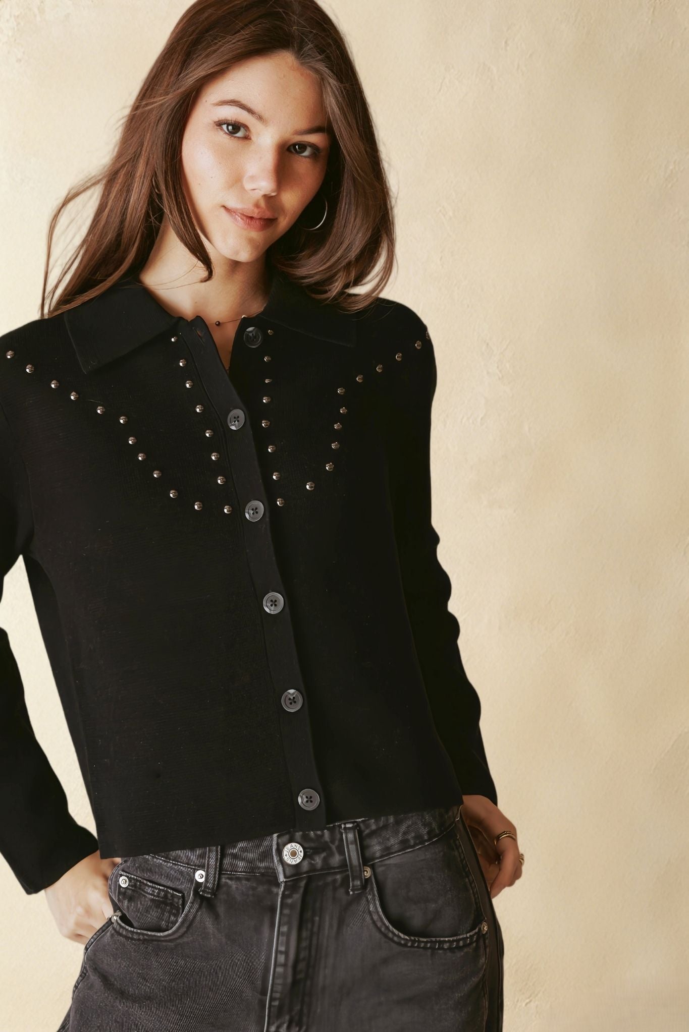 Theresa Studded Collar Knit Jacket
