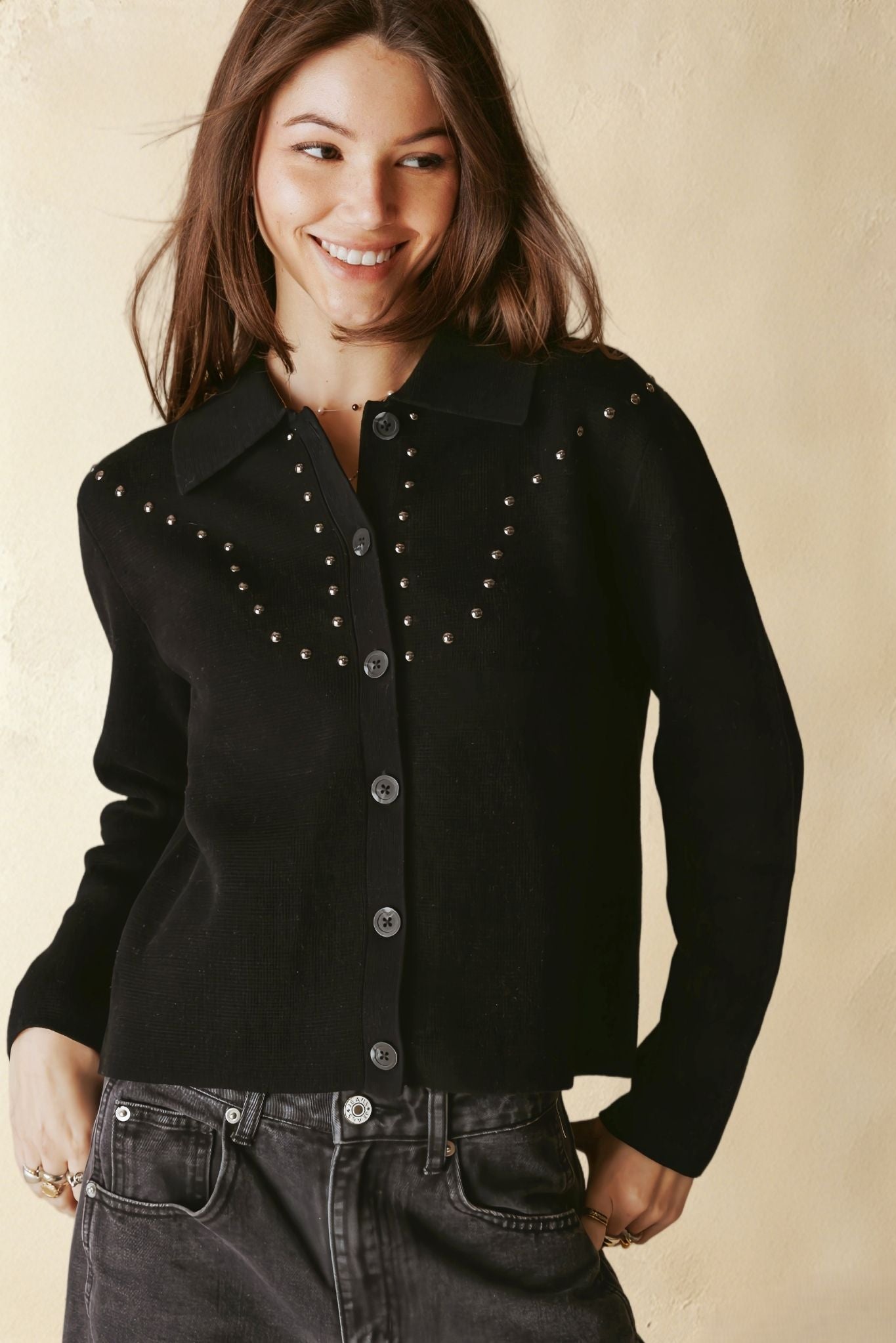 Theresa Studded Collar Knit Jacket