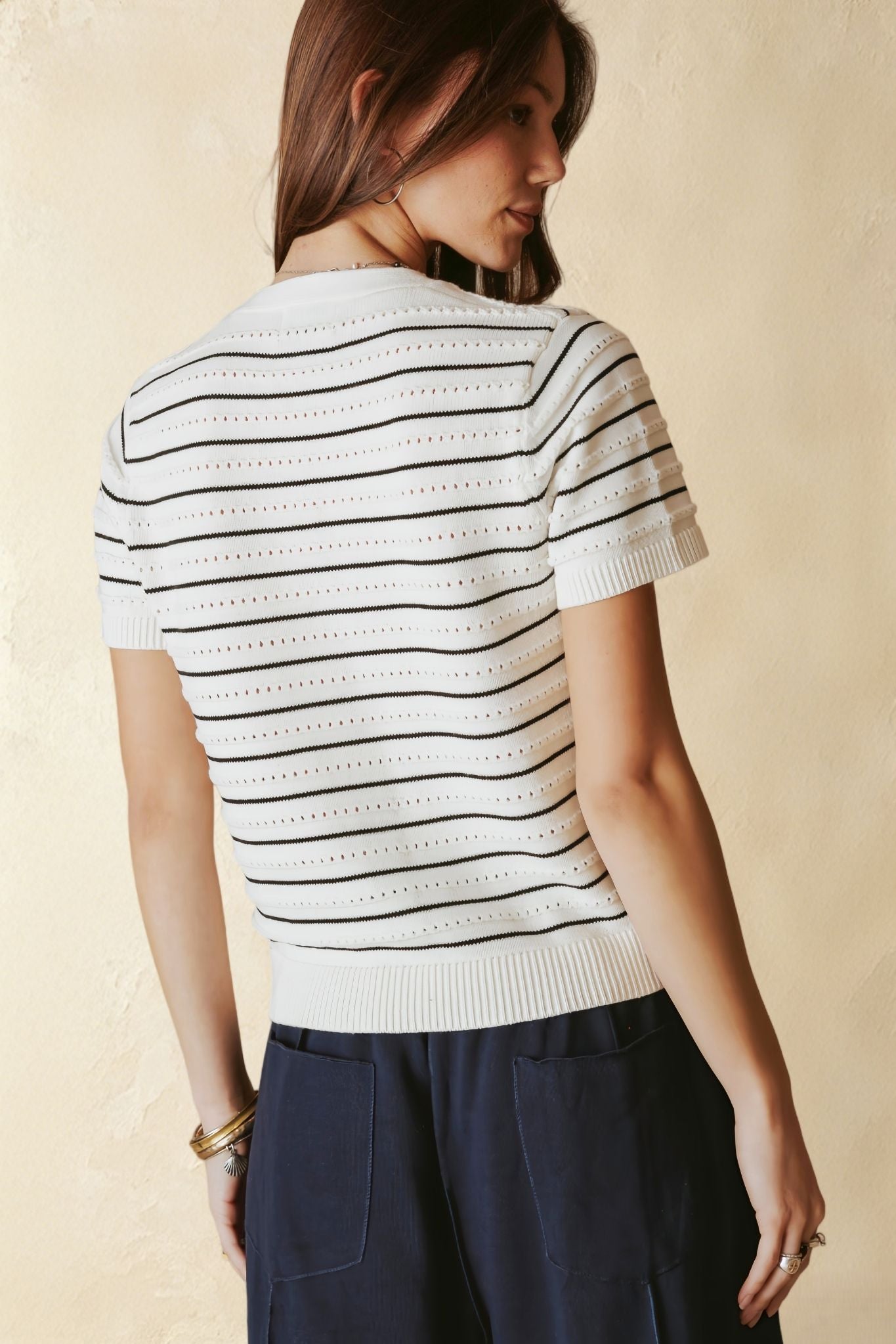 Yelena Cotton Short Sleeve Stripe Cardigan
