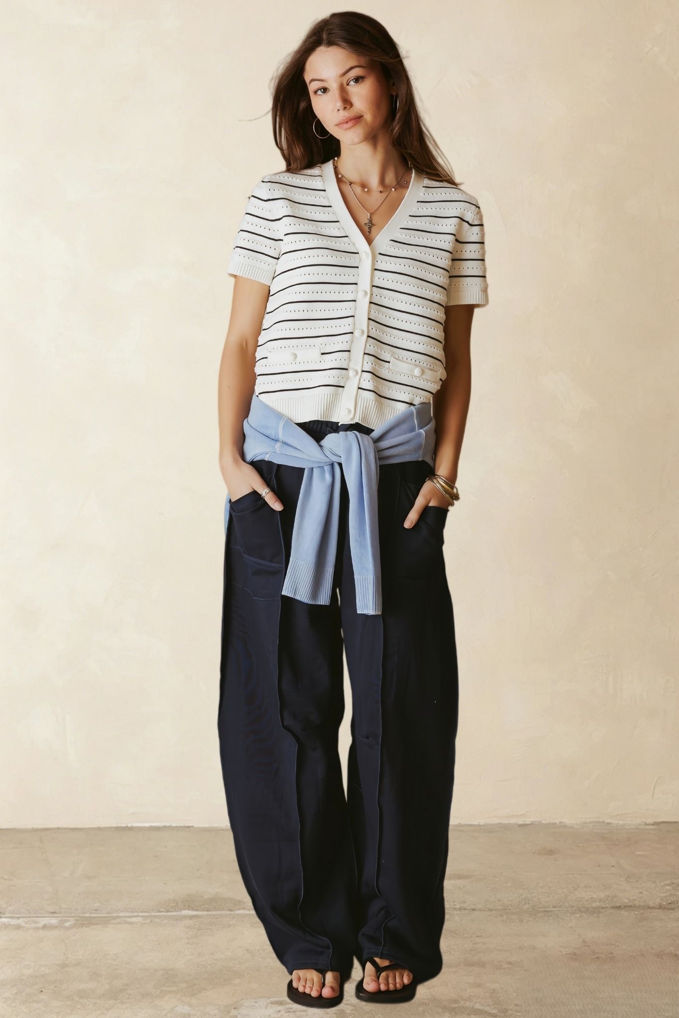 Yelena Cotton Short Sleeve Stripe Cardigan