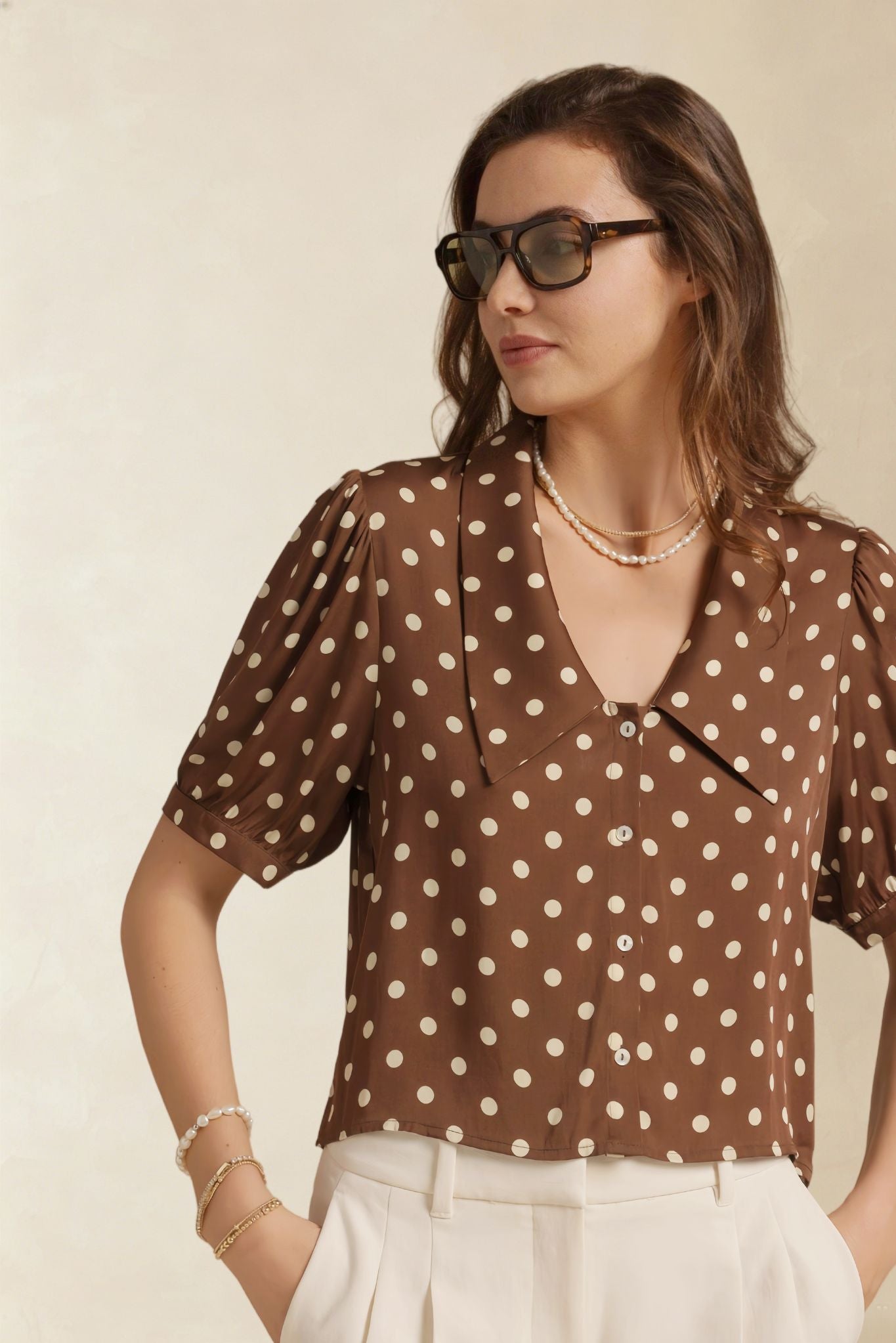 Etta Polka Dot Cropped Silk Blouse